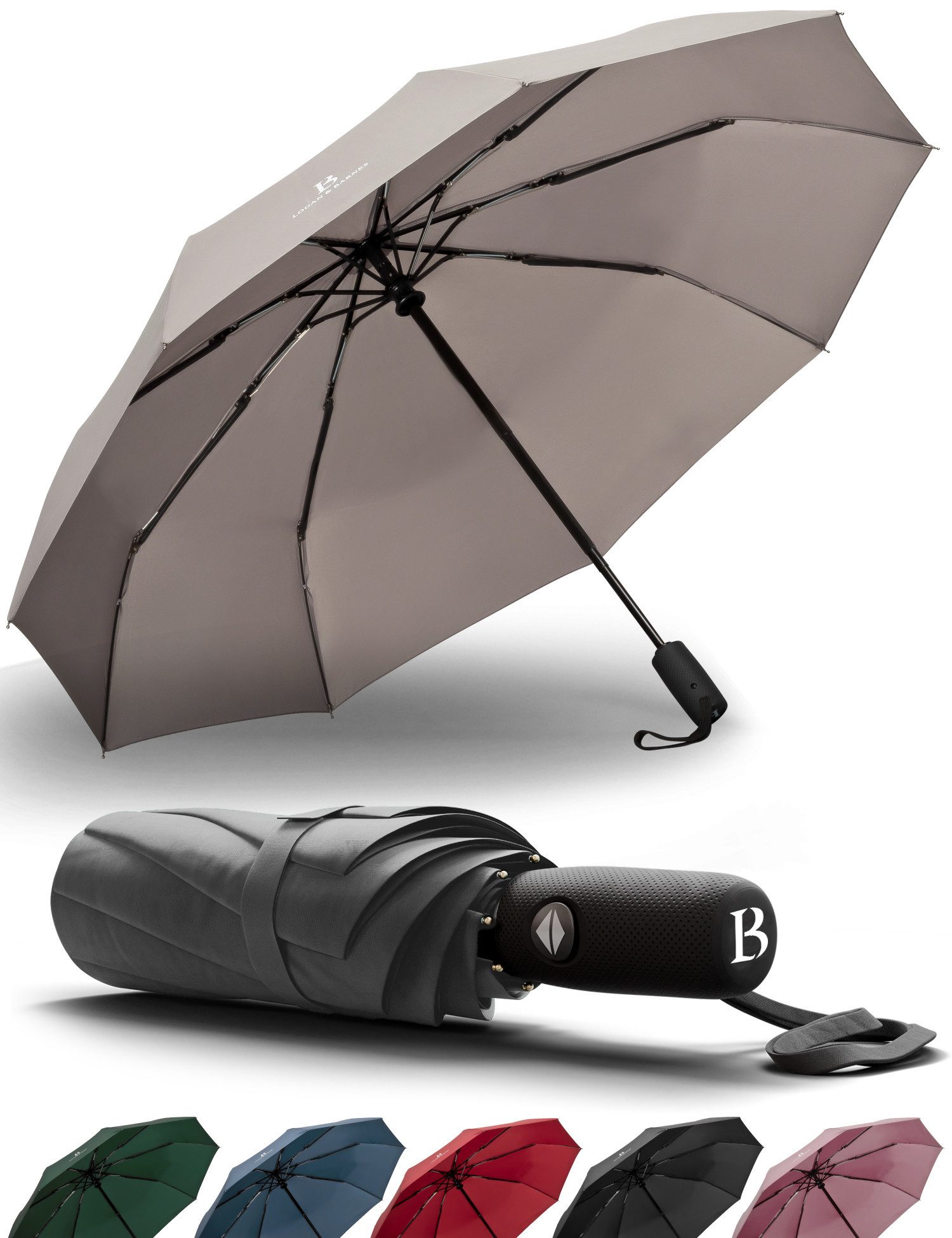 Logan & Barnes Taschenregenschirm Boston, Sturmfest bis 140 km/h