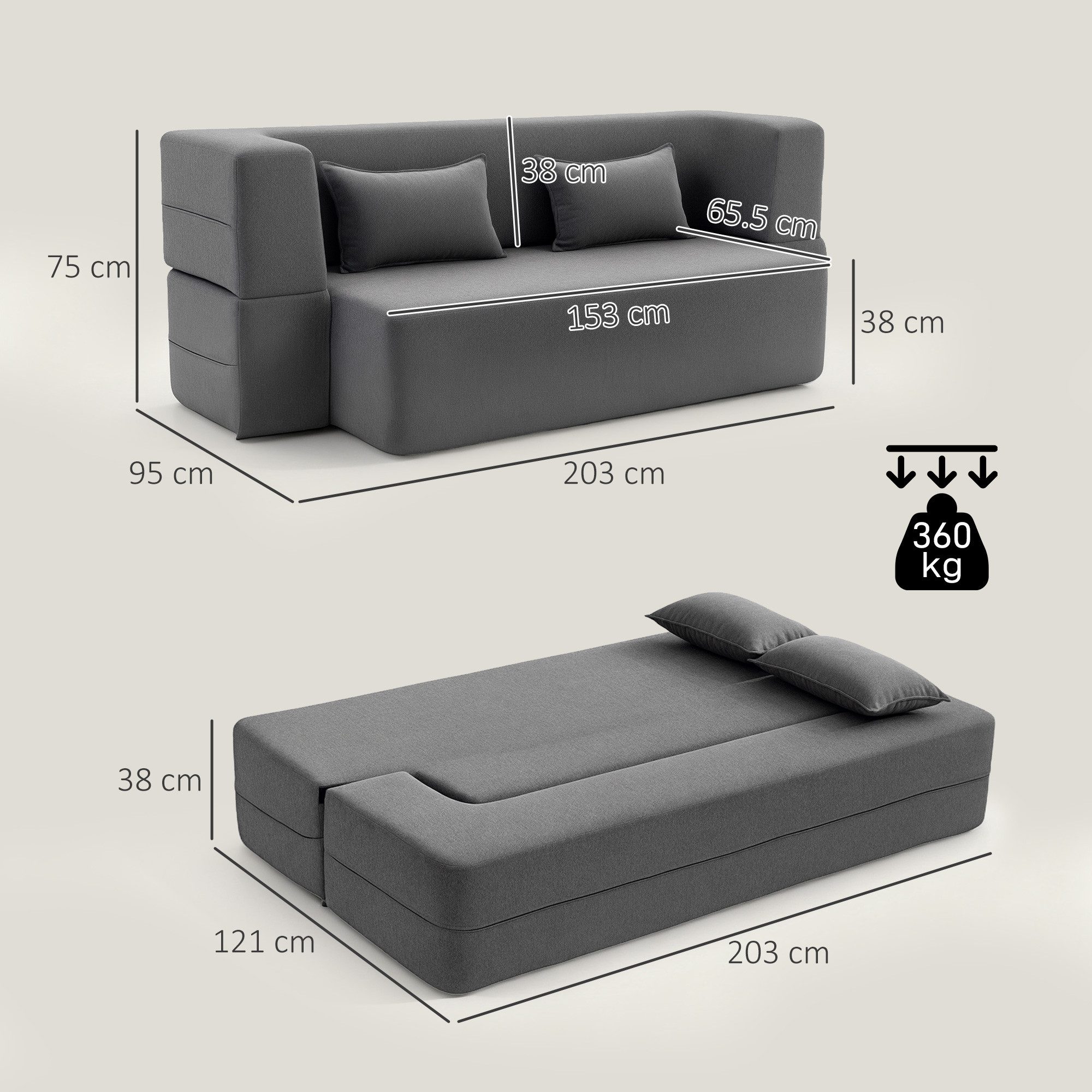 HOMCOM Schlafsofa 2-Sitzer Bodensofa, mit breiten Armlehnen, hochdichtem Schaumstoff, Verstellbare Couch 1 Teile, 2 Kissen, 360 kg Belastbarkeit, Grau
