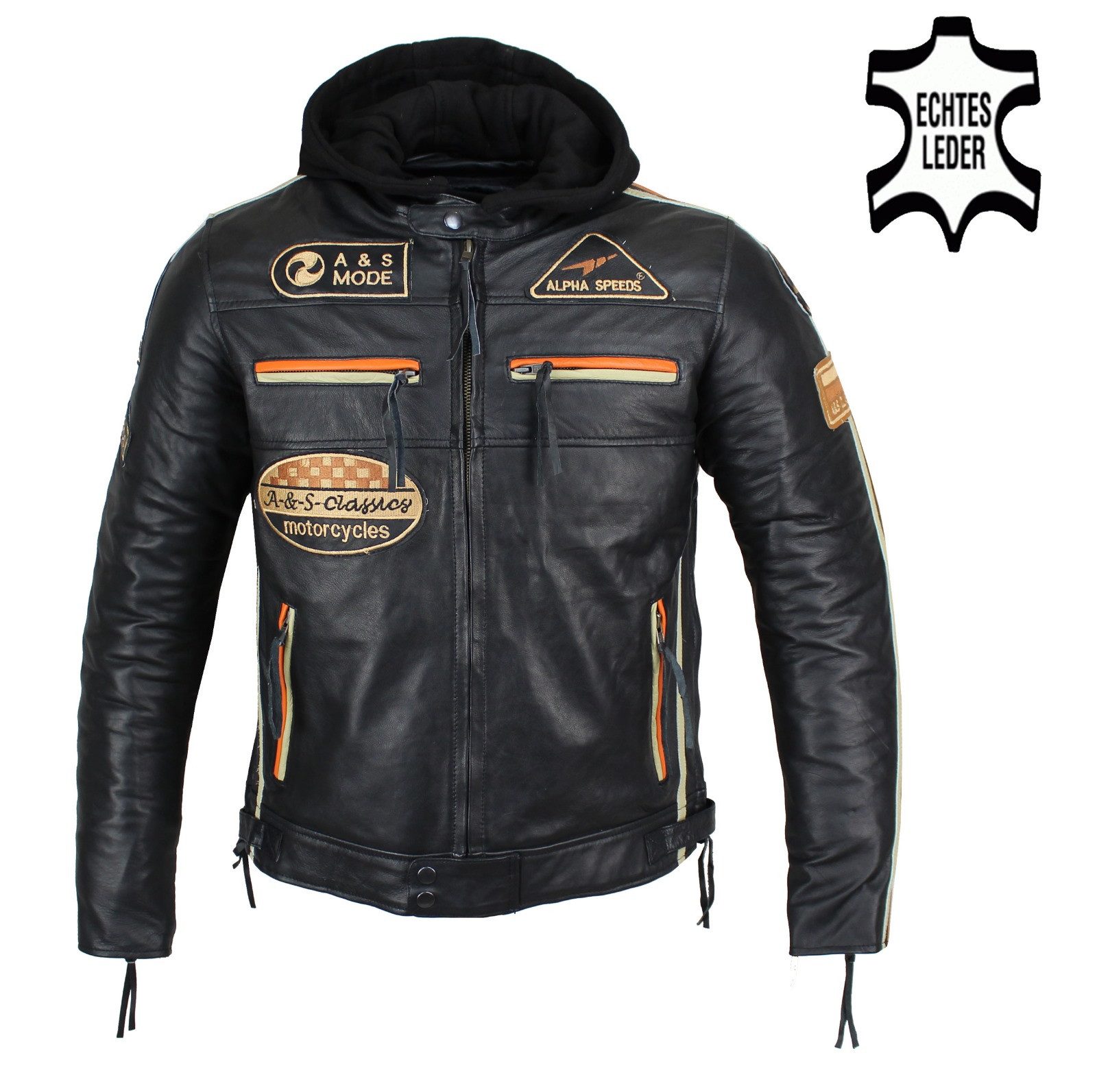 Alpha Speeds Motorradjacke Herren Leder Jacke Biker Freizeit Highway Jacke Orange/Beige Streifen (Trennbare Innenjacke + Kapuze) aus weichem Lammleder, mit hera – Bild 5 von 5