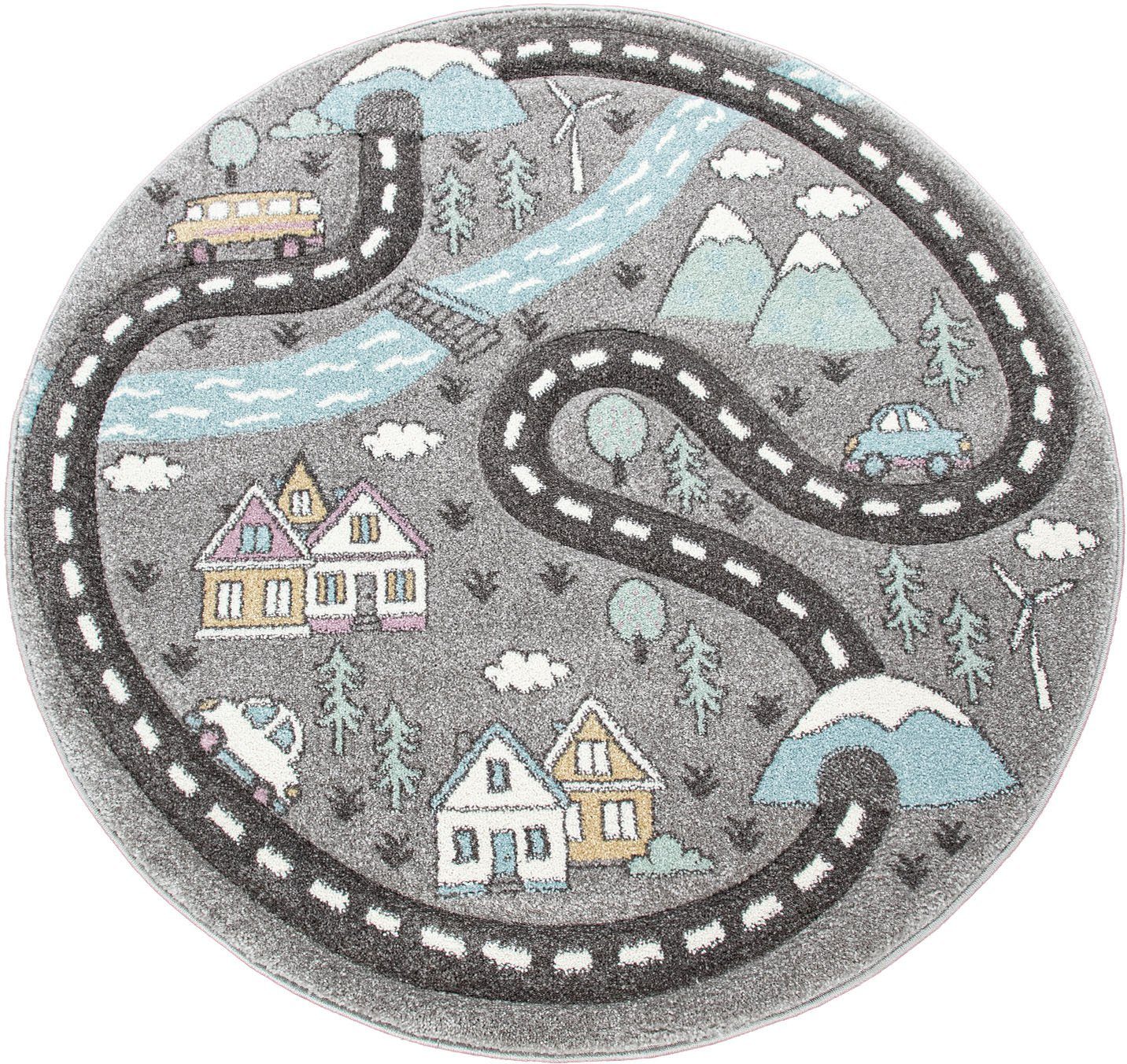 Paco Home Kinderteppich Volta 320, rund, Höhe: 16 mm, Kurzflor, Straßen-Spiel-Teppich, Kinderzimmer