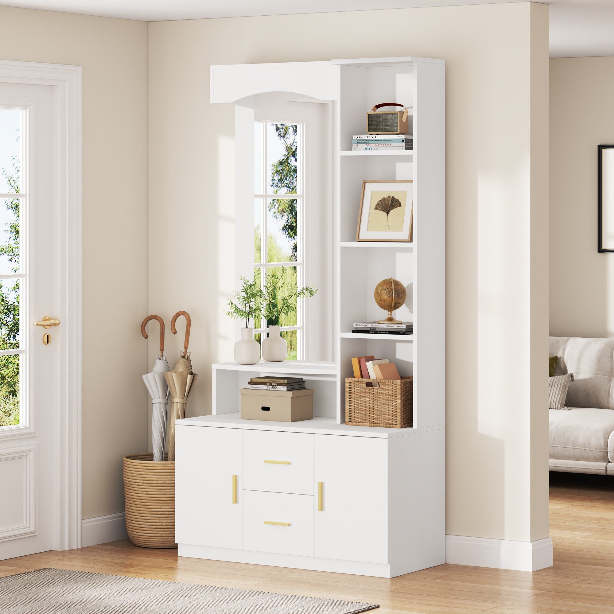 Merax Garderoben-Set mit großem Spiegel, (Diele-Möbel Flurschrank, 1-St., Flurgarderoben Set Scandi, 90×40×180 cm), Kompaktgarderobe mit 2 Schubladen, 2 Schränken und offenen Regalen
