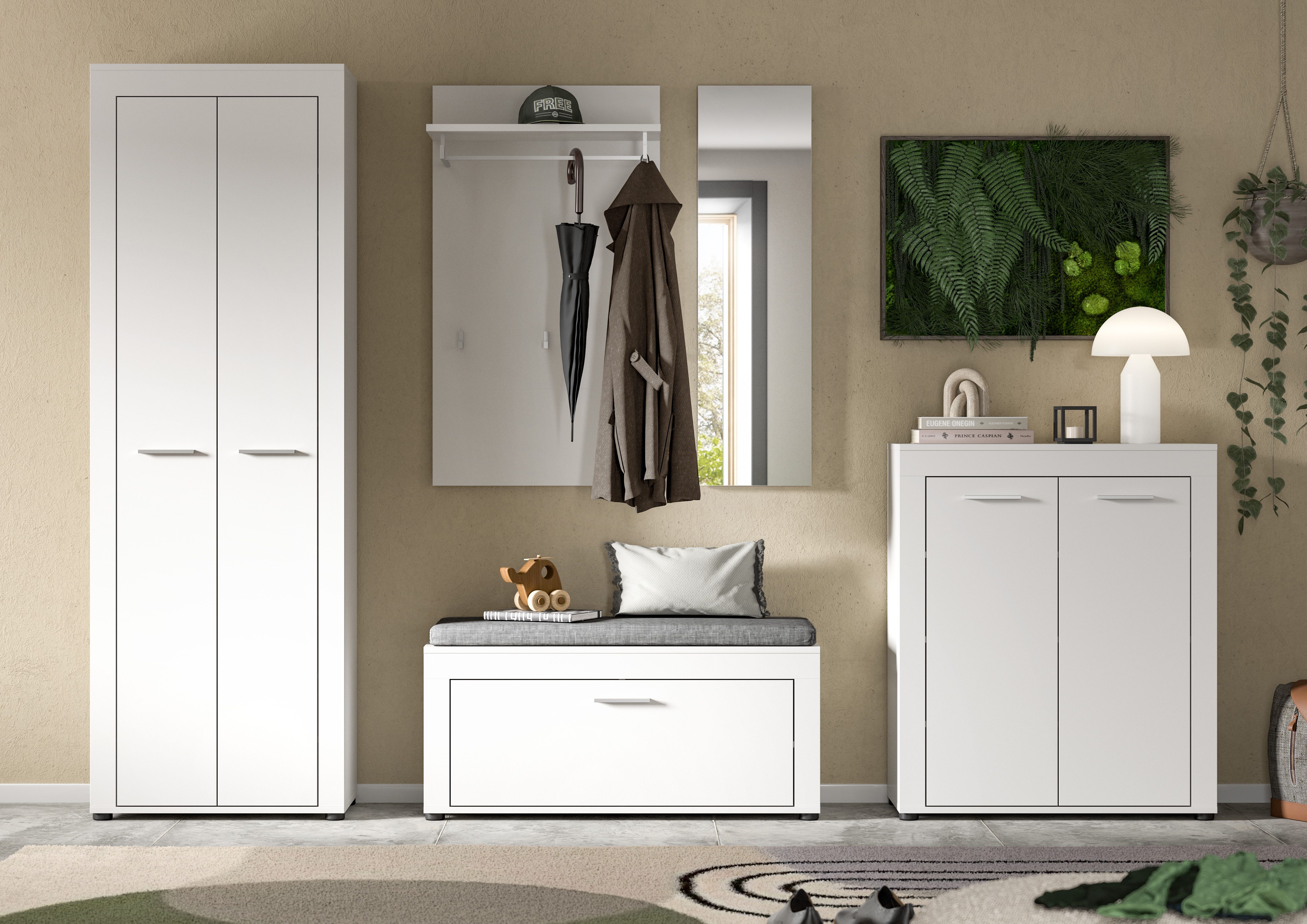 Home affaire Garderoben-Set AOSTA, TOPSELLER!, Breite 285cm, 6-teilige Garderobenkombination, (Set, 6-St., best. aus: Schrank, Sitzbank, Sitzkissen, Paneel, Spiegel & Kommode), Flurkombination, Kombination, Garderobe, Dielen-Set, Garderobenmöbel