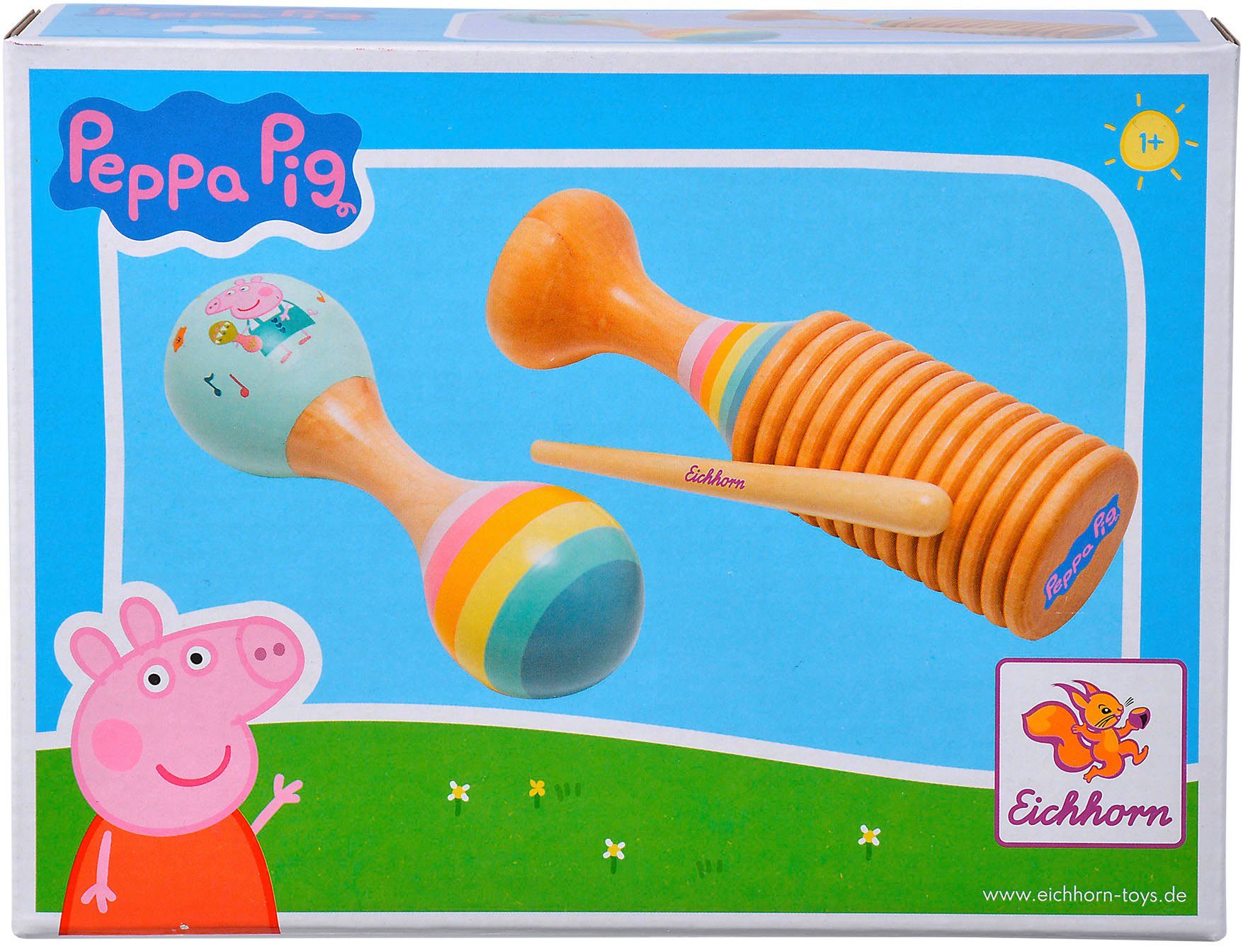 Set Pig Maraca Ratsche Eichhorn Holzspielzeug, Peppa und Spielzeug-Musikinstrument