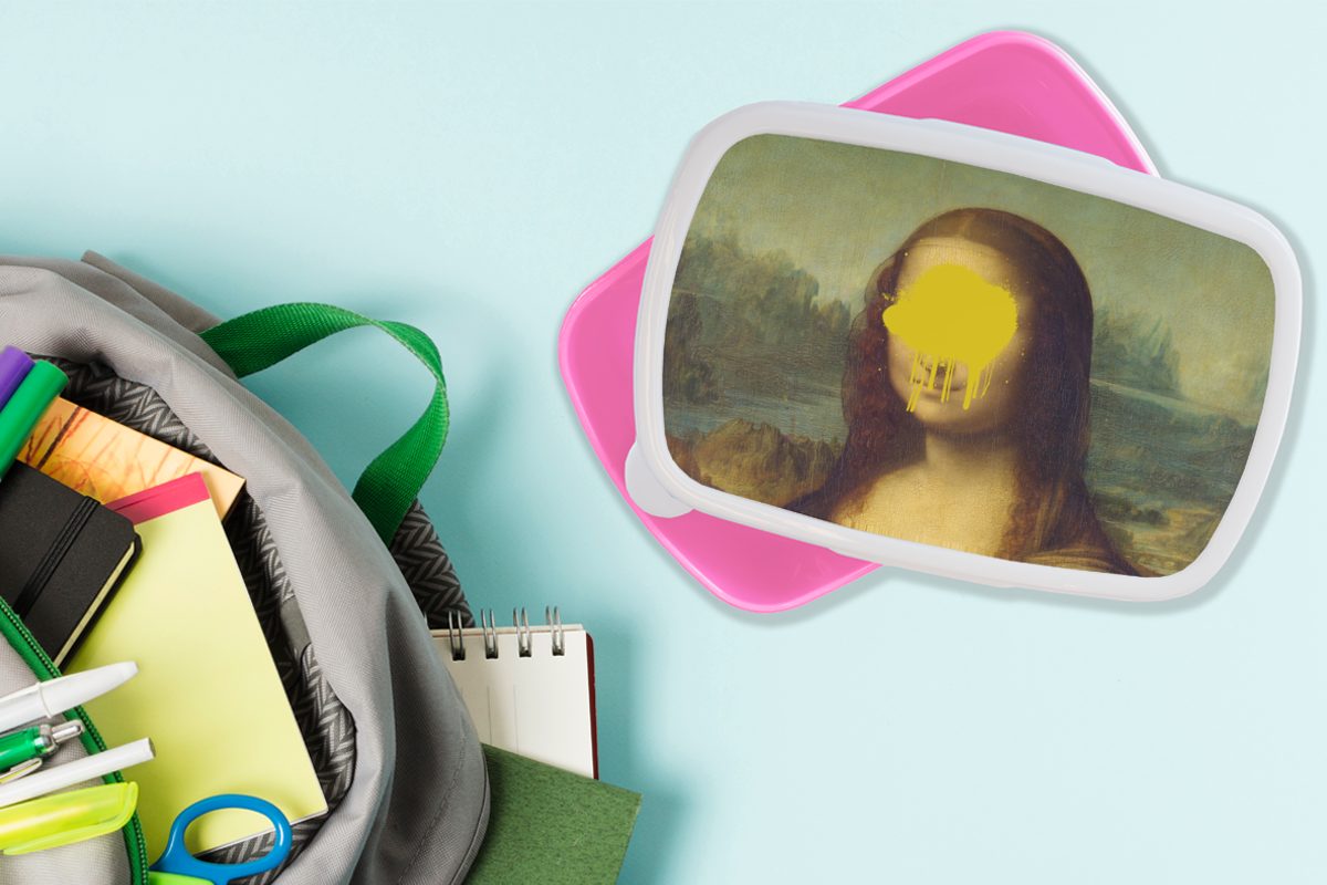 Mädchen, Kunststoff, Brotdose Lunchbox Brotbox Gelb, Vinci Mona Lisa da - Kunststoff für MuchoWow - (2-tlg), Leonardo Kinder, Snackbox, Erwachsene, rosa