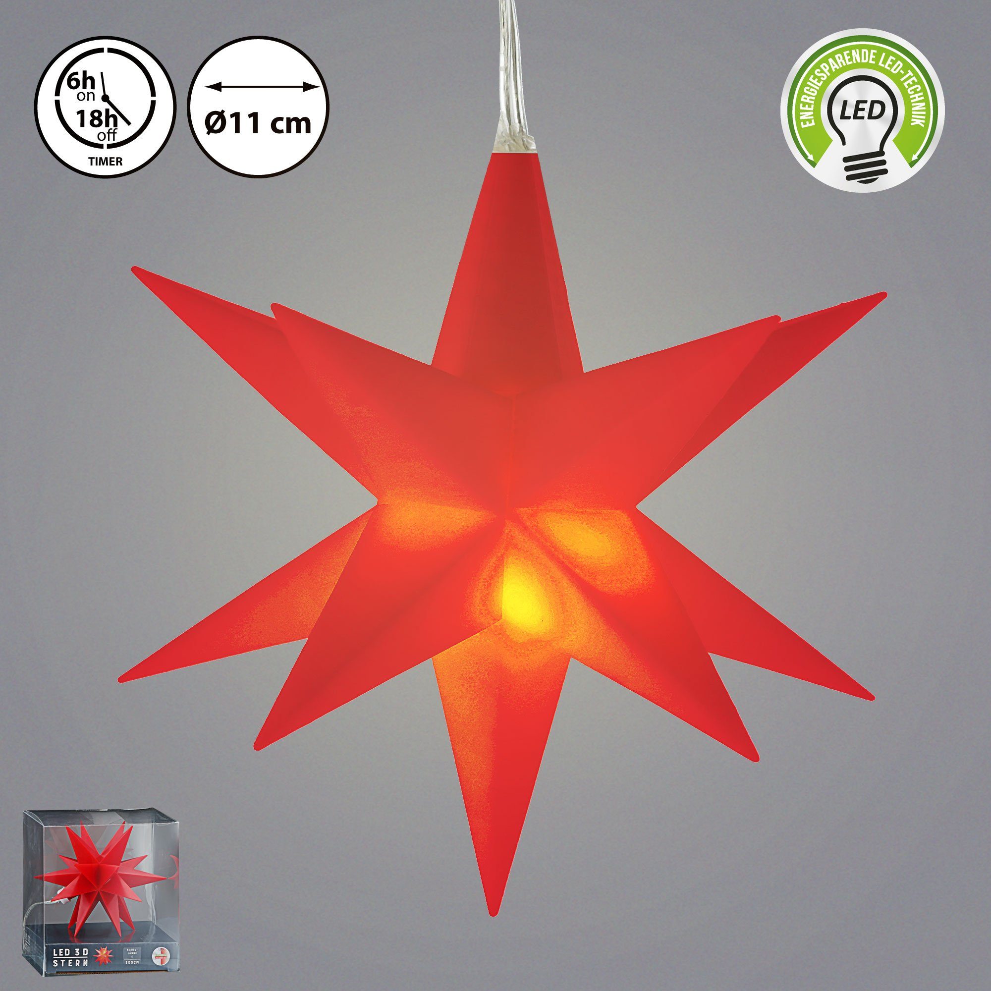 Weihnachten Timer Dekostern Leuchtstern 3D rot Weihnachtsstern CEPEWA