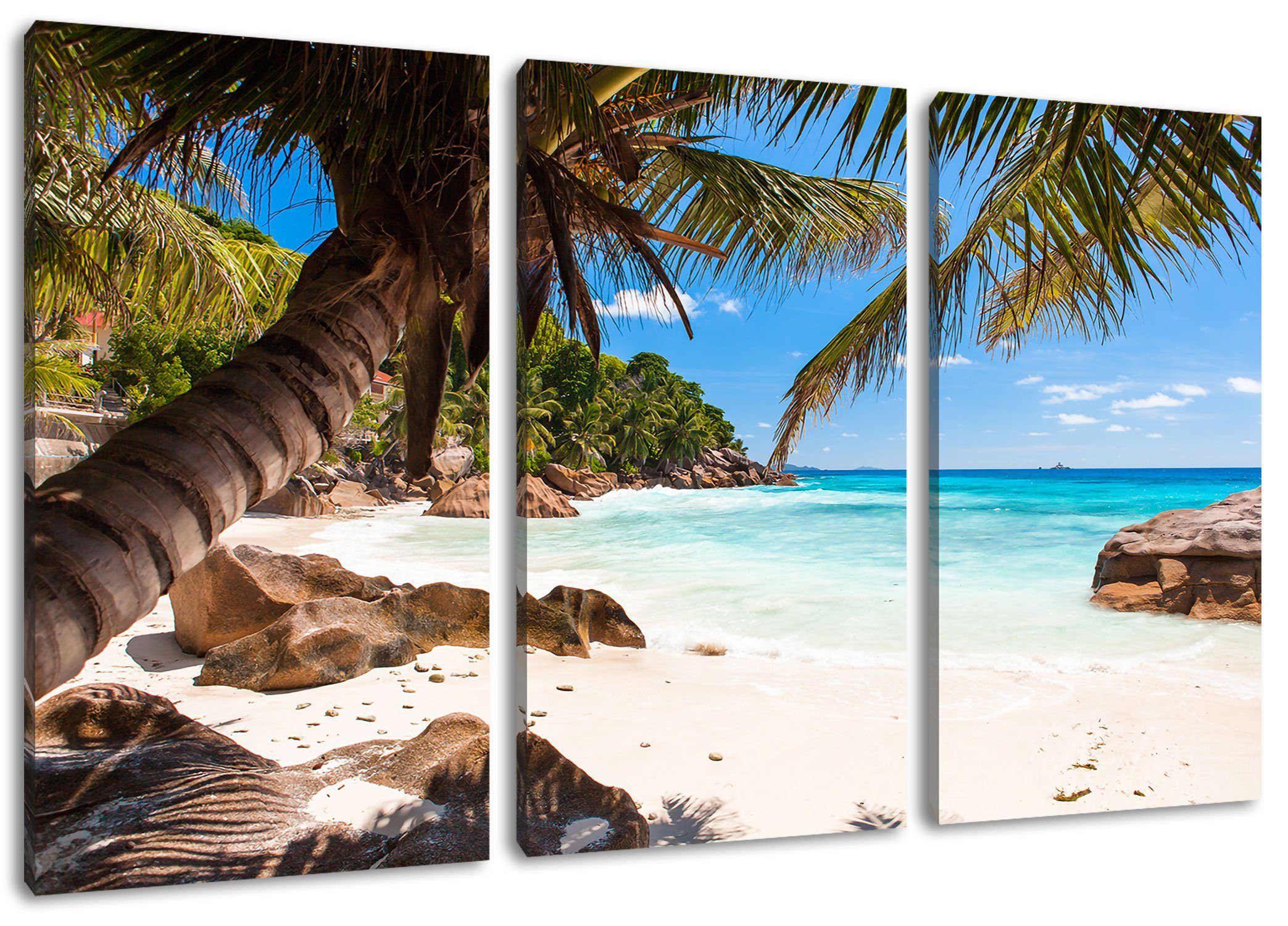 (1 Leinwandbild Seychellen, St), inkl. Zackenaufhänger Leinwandbild Palmenstrand Palmenstrand Pixxprint Seychellen fertig 3Teiler bespannt, (120x80cm)