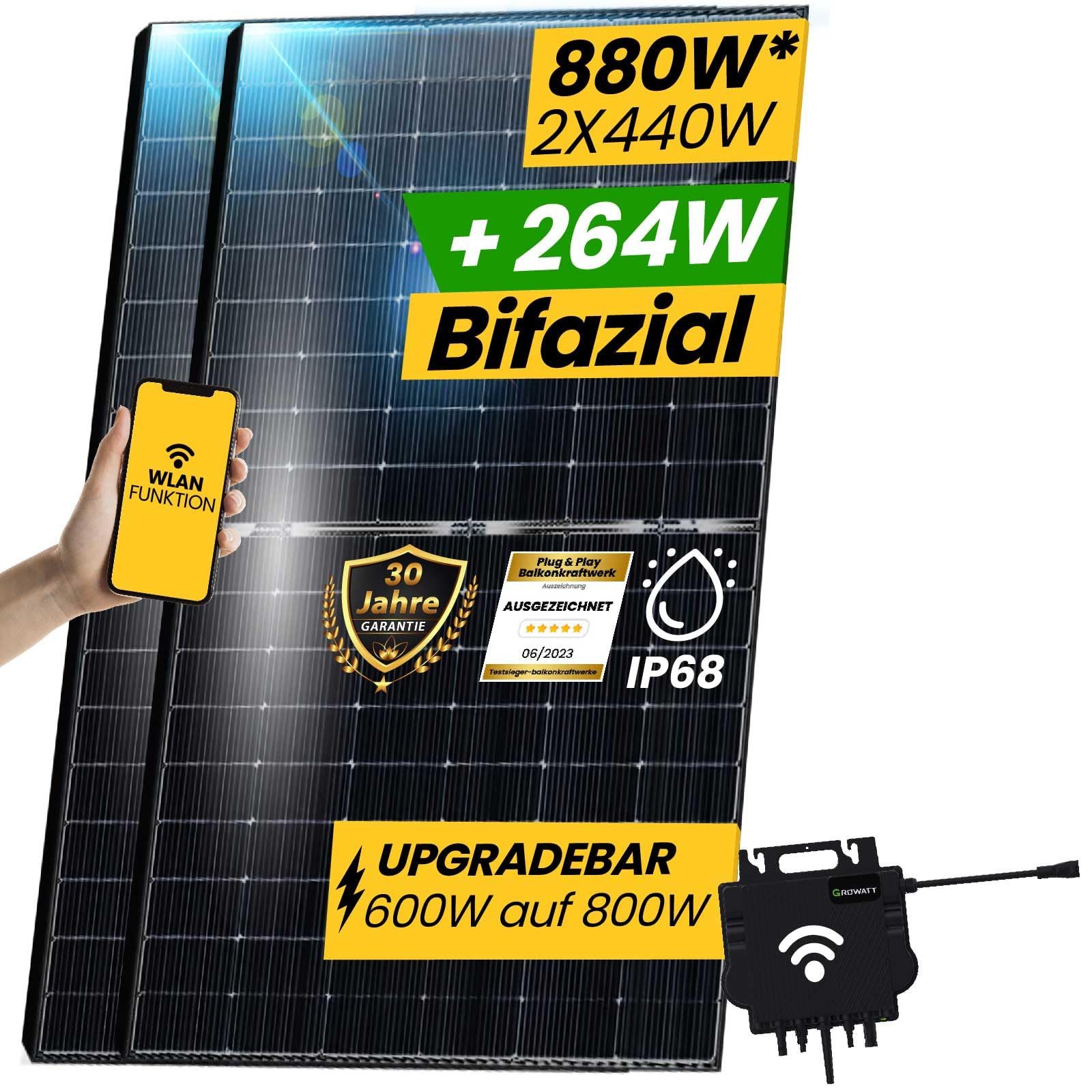 EPP.Solar Solaranlage 880W/800W Balkonkraftwerk Bifizial 880W Komplettset Solaranlage, 880,00 W, Monokristallin, (Komplettset Plug & Play Growatt NEO 800W WLAN Wechselrichter, 880W Komplettsolaranlage)