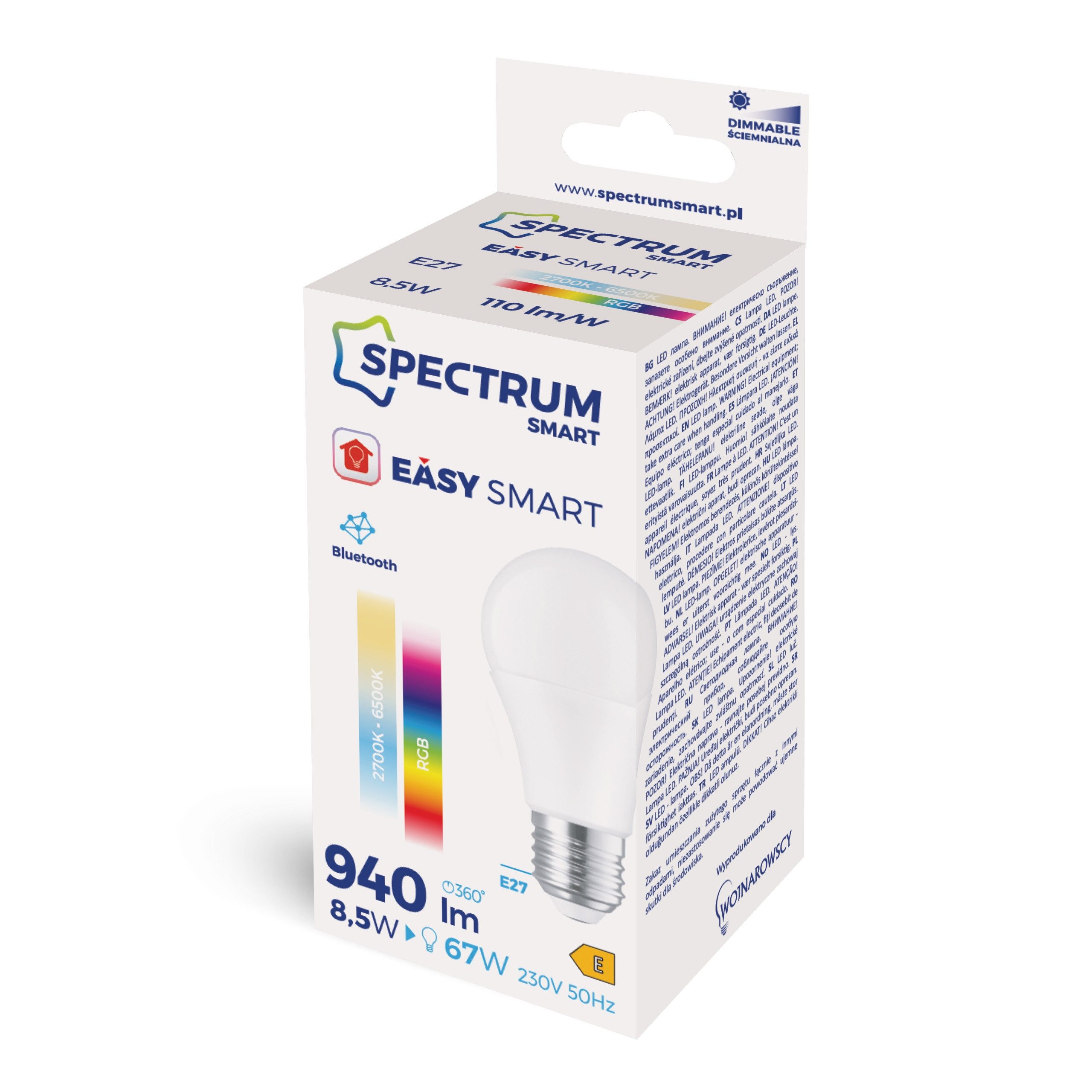 Spectrum LED-Leuchtmittel LED E27 A60 EASY SMART APP 8,5W = 67W 940lm BLUETOOTH 2700K-6500 DIMM, E27, Farbwechsler, CCT-Farbtemperatursteuerung - warmweiß bis tageslichtweiß, RGB