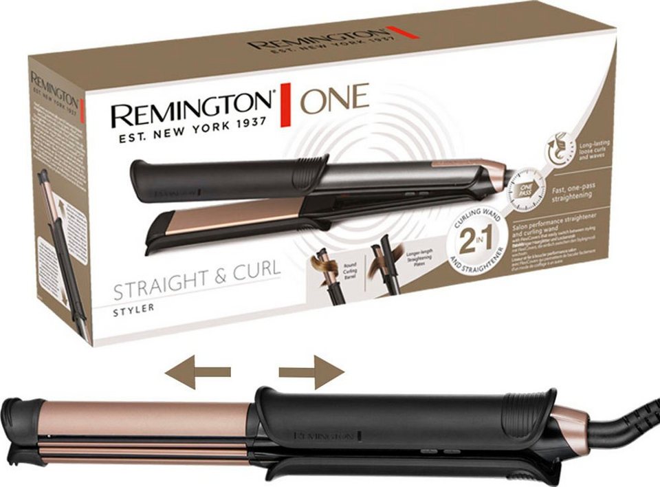 Remington Glätteisen S6077 ONE Straight & Curl Styler, 2in1  Styler,Glätt-/Lockenmodus mit zuschaltbarer beheizter Außenfläche,  Salonfähiger Haarglätter & Lockenstab,weiche Locken und Wellen erzeugt