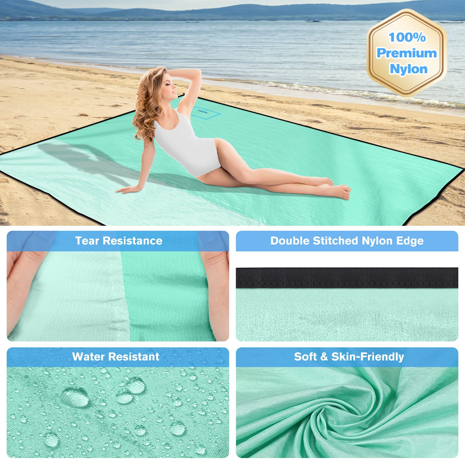 Picknickdecke Stranddecke Sandfrei super groß 210x200 cm, Sanddicht Wasserdicht, Fintie, Super Leicht Dünn Bequem Langlebiges Material, Strandmatte, Strandtuch – Bild 4 von 5