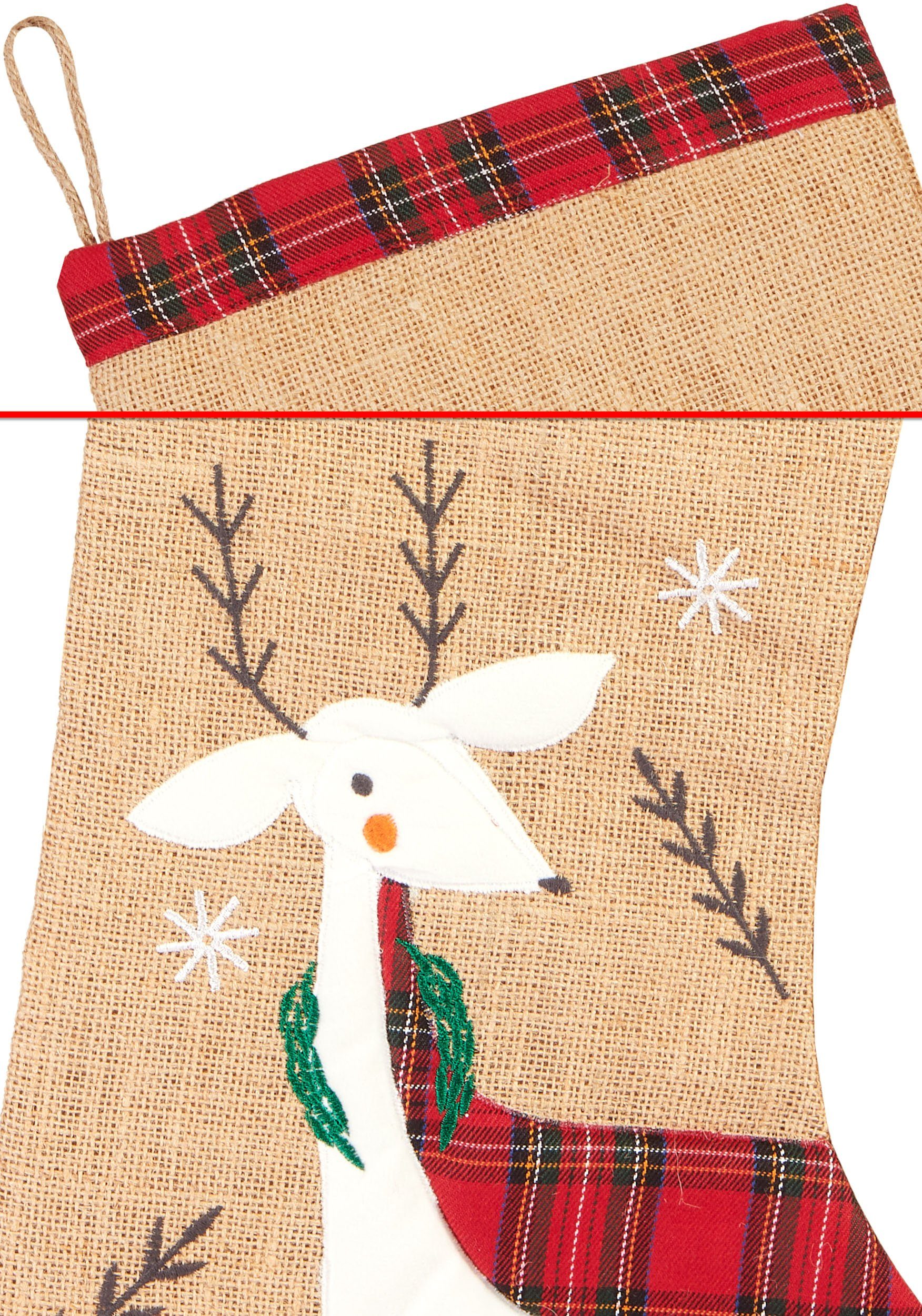 BRUBAKER Nikolausstiefel Weihnachtsstrumpf zum Befüllen und Aufhängen - 52 cm Nikolausstrumpf (1 St), Festliches Rentier - Weihnachtsdeko Strümpfe Weihnachtssocke aus Jute