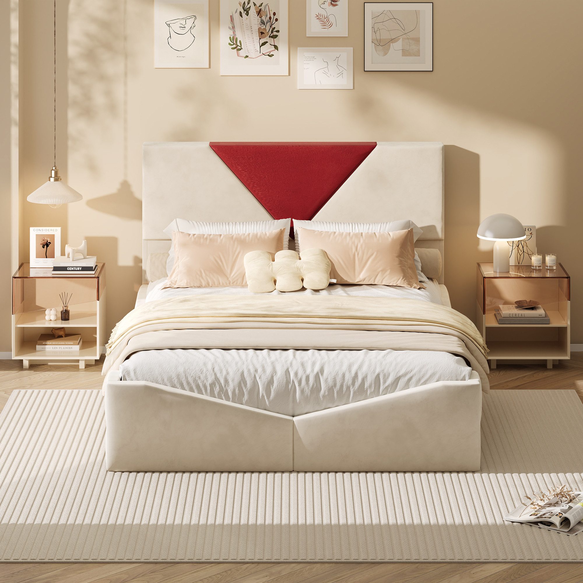 ADWOLT Stauraumbett Polsterbett Doppelbett mit Lattenrost, Bettgestell 160x200,Rotes dreieckiges Kopfteil,mit 4 Schubladen,Beige