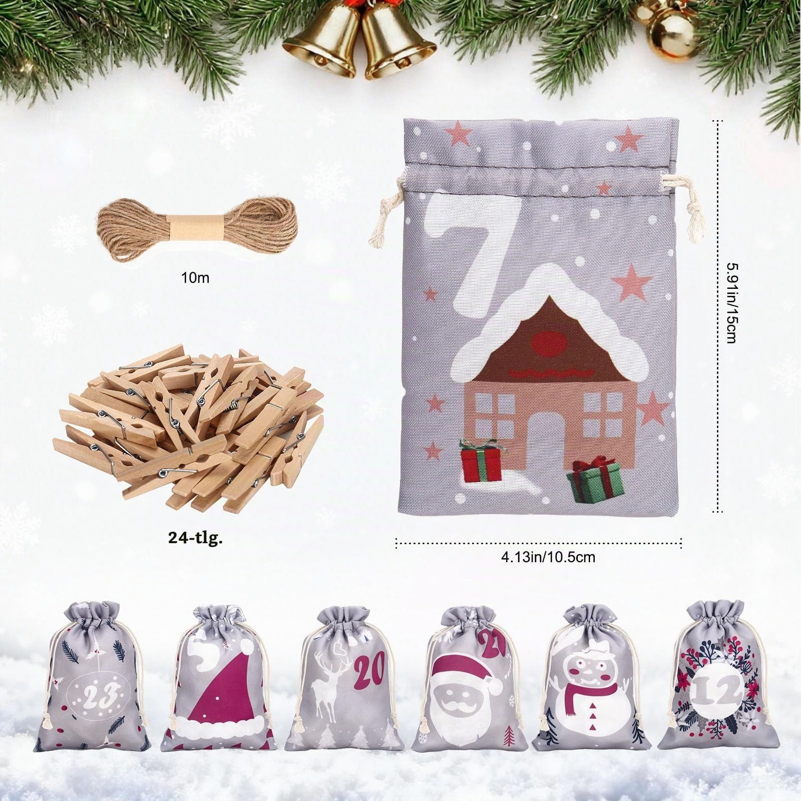 Sorvyzxn Adventskalender Adventskalender zum Befüllen 24 Jutebeutel Stoffbezug gedruckt, Adventskalender Säckchen, Weihnachtskalender zum Befüllen – Bild 5 von 5