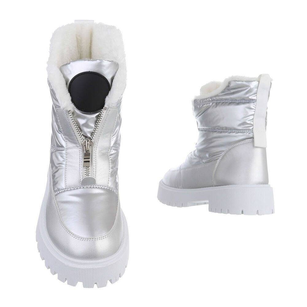 Ital-Design Freizeit Snowboots Damen Plateaustiefeletten Silber Blockabsatz Stiefelette in