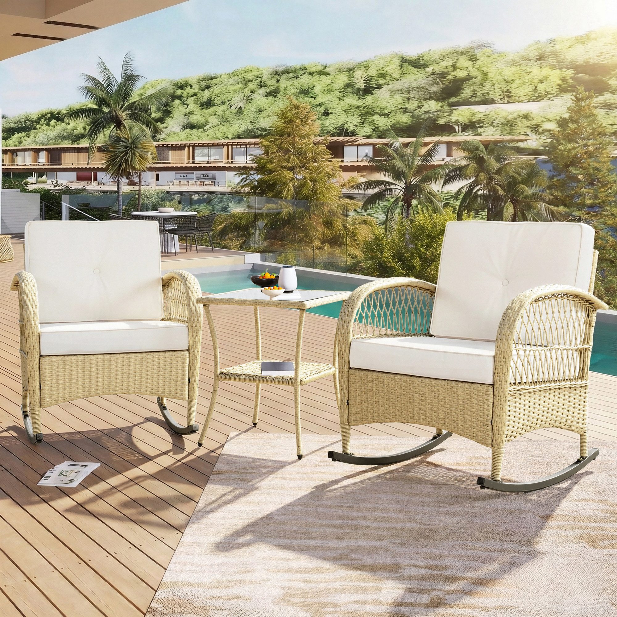 MC Star Gartenlounge-Set Rattan Balkongarnitur (3-teilig), Balkonschaukelstuhl, (mit beigen Kissen, Belastbarkeit 160 kg)