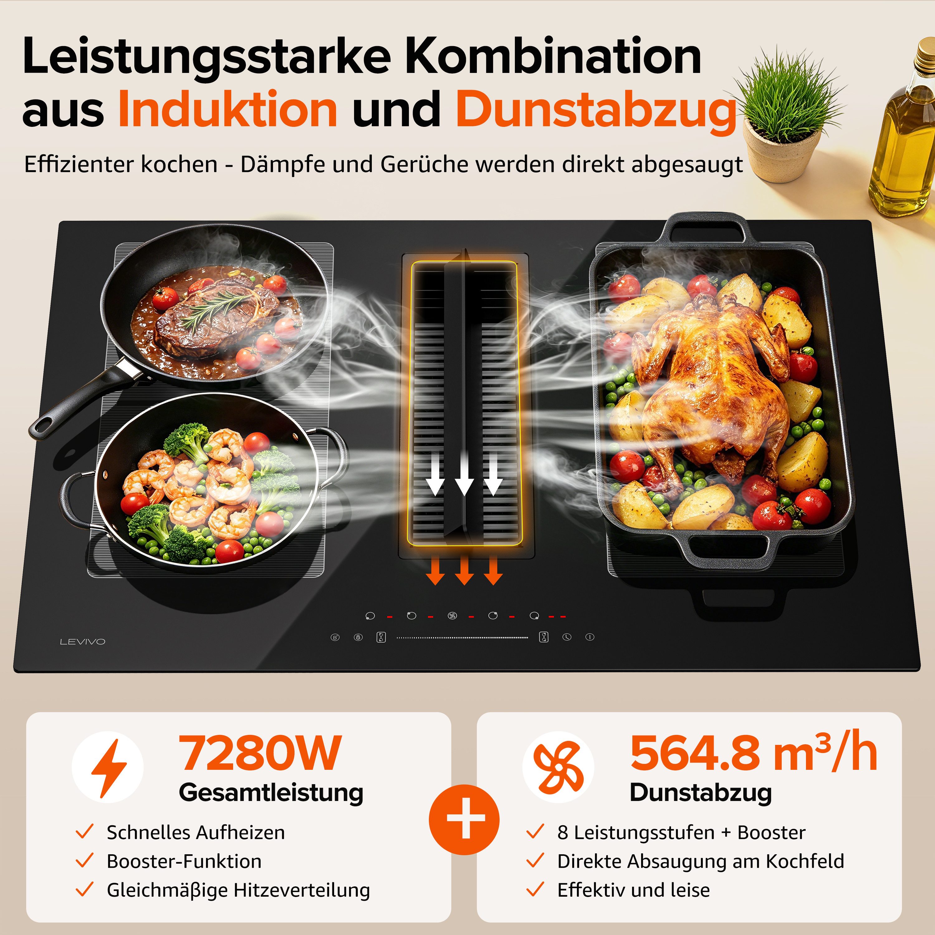 Levivo Induktions-Kochfeld Induktionskochfeld 77 cm mit 564 m³/h Dunstabzug, 8 Stufen & Booster, Touch-Control, Timer und Bridge Funktion