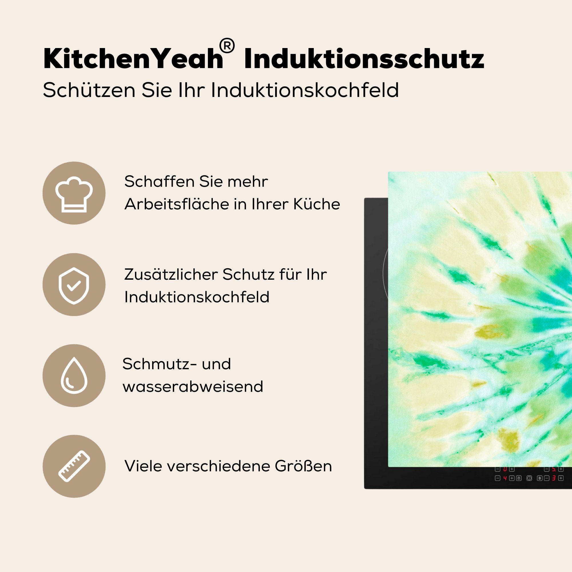 Schutz für 81x52 - - Ceranfeldabdeckung cm, die Herdblende-/Abdeckplatte tlg), Induktionskochfeld Vinyl, Spirale, MuchoWow Krawattenfärbung (1 küche, Muster