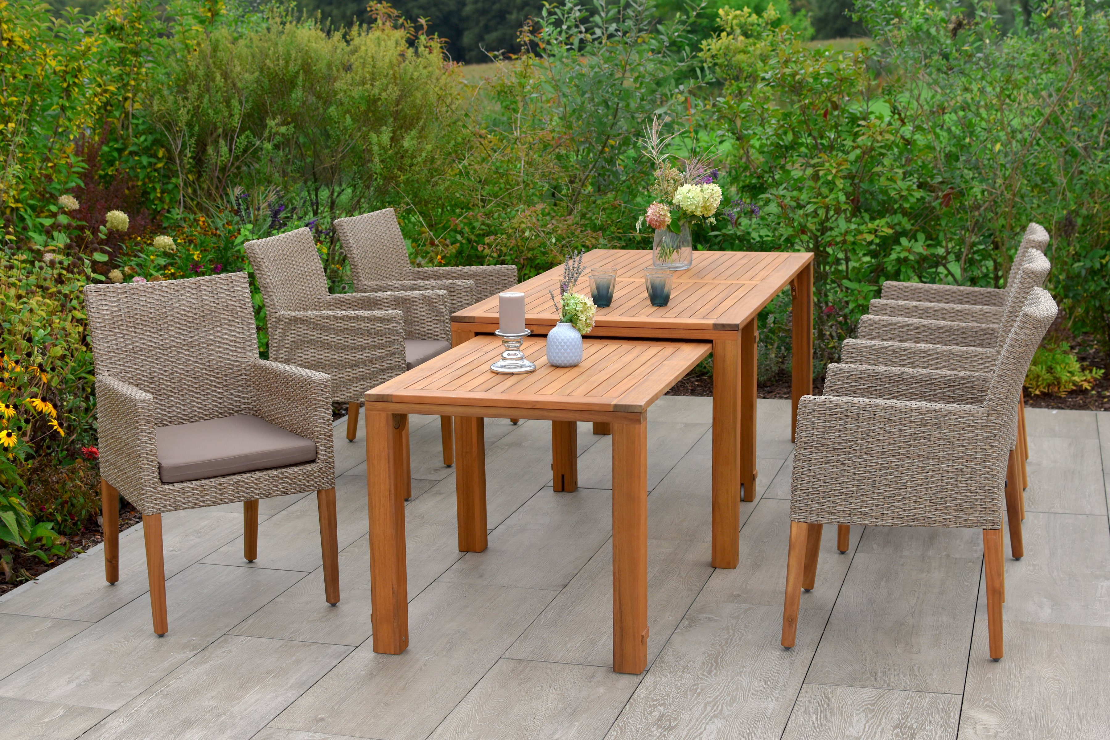 MERXX Garten-Essgruppe Ranzano, (Set, 13-tlg), 6 Sessel inkl. Sitzkissen, Ausziehtisch