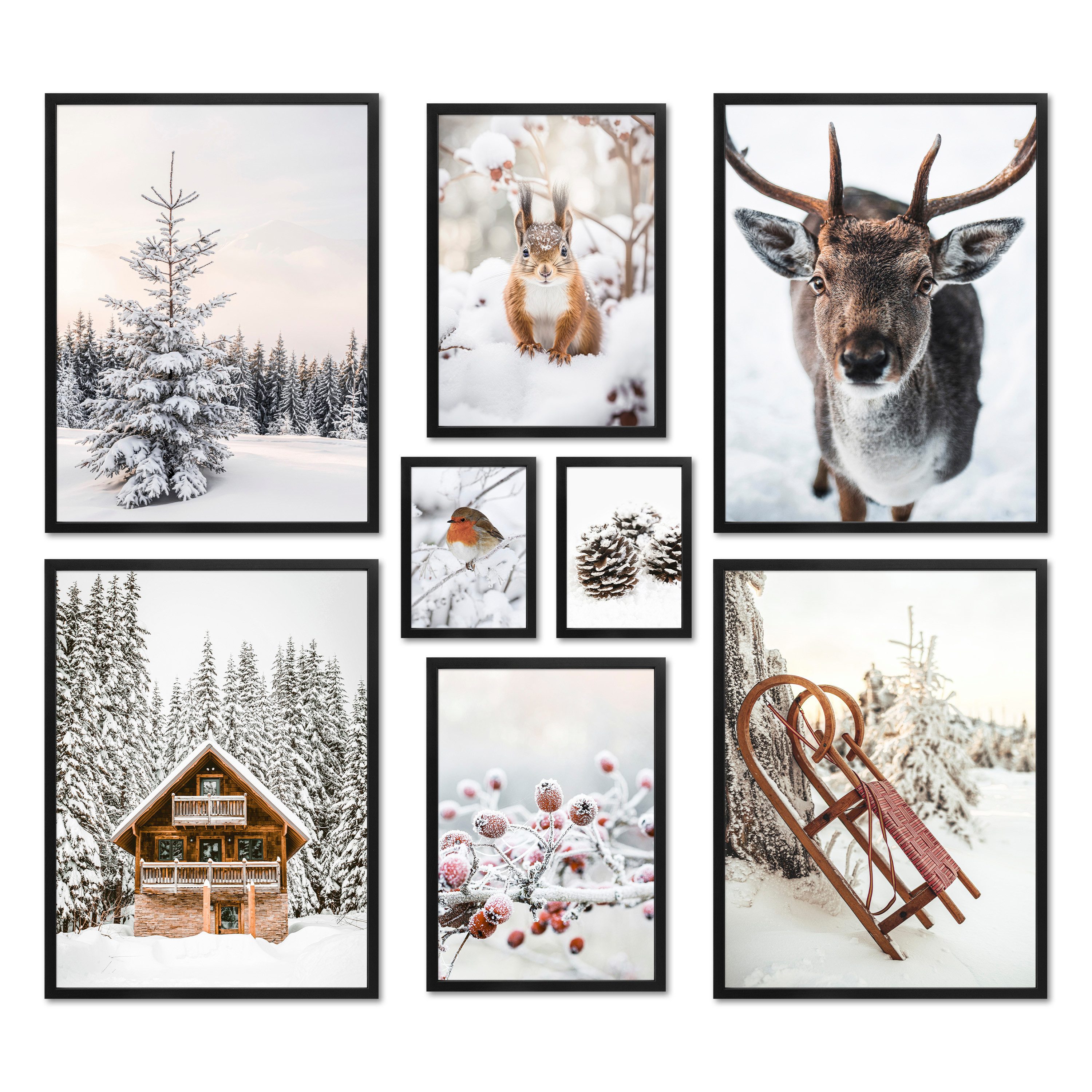 Bilder-Collage Poster Set - Winter Wonderland I Schnee Tiere Winter I Deko