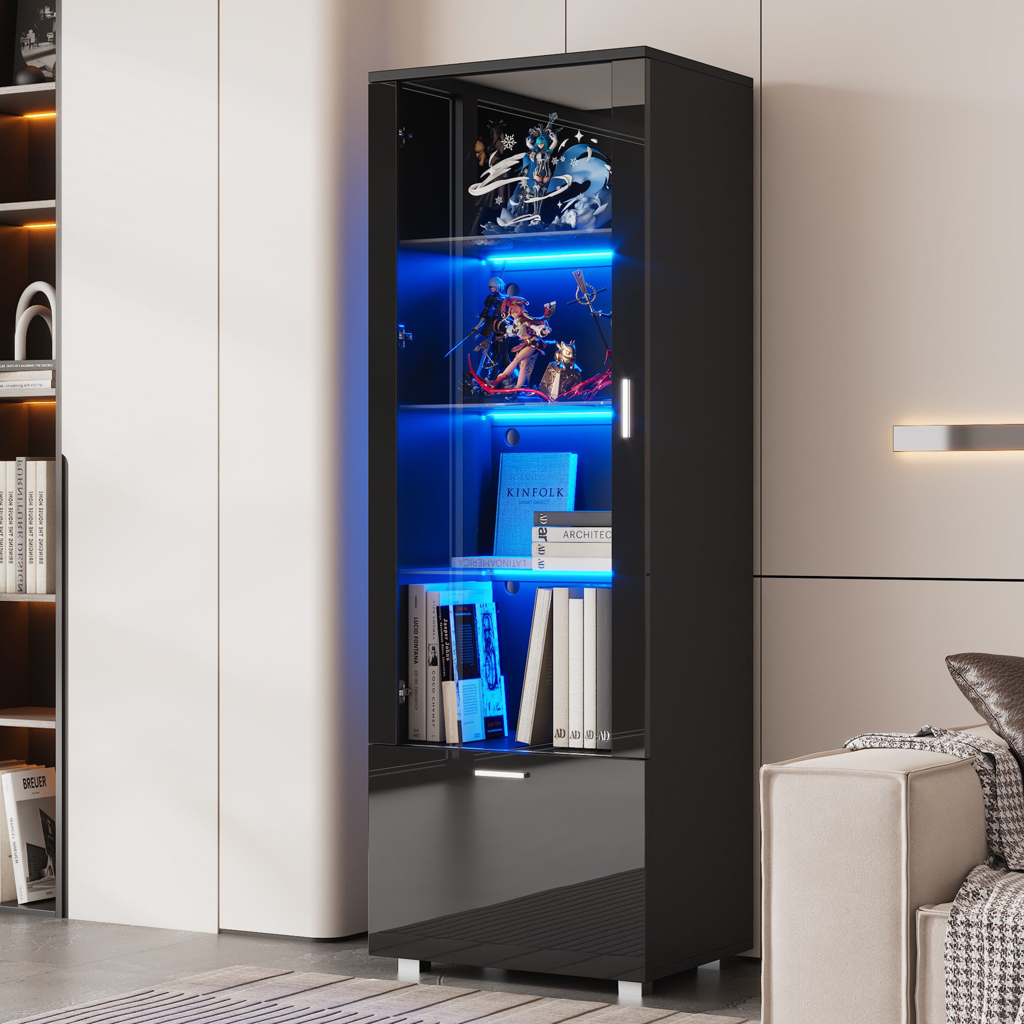 Merax Standvitrine hochglanz Vitrine mit LED-Beleuchtung (1-St., Schrank Hochschrank) Glasvitrine mit Acryl-Glastüren,3 Glasböden & Stauraumfach,40x50x160cm