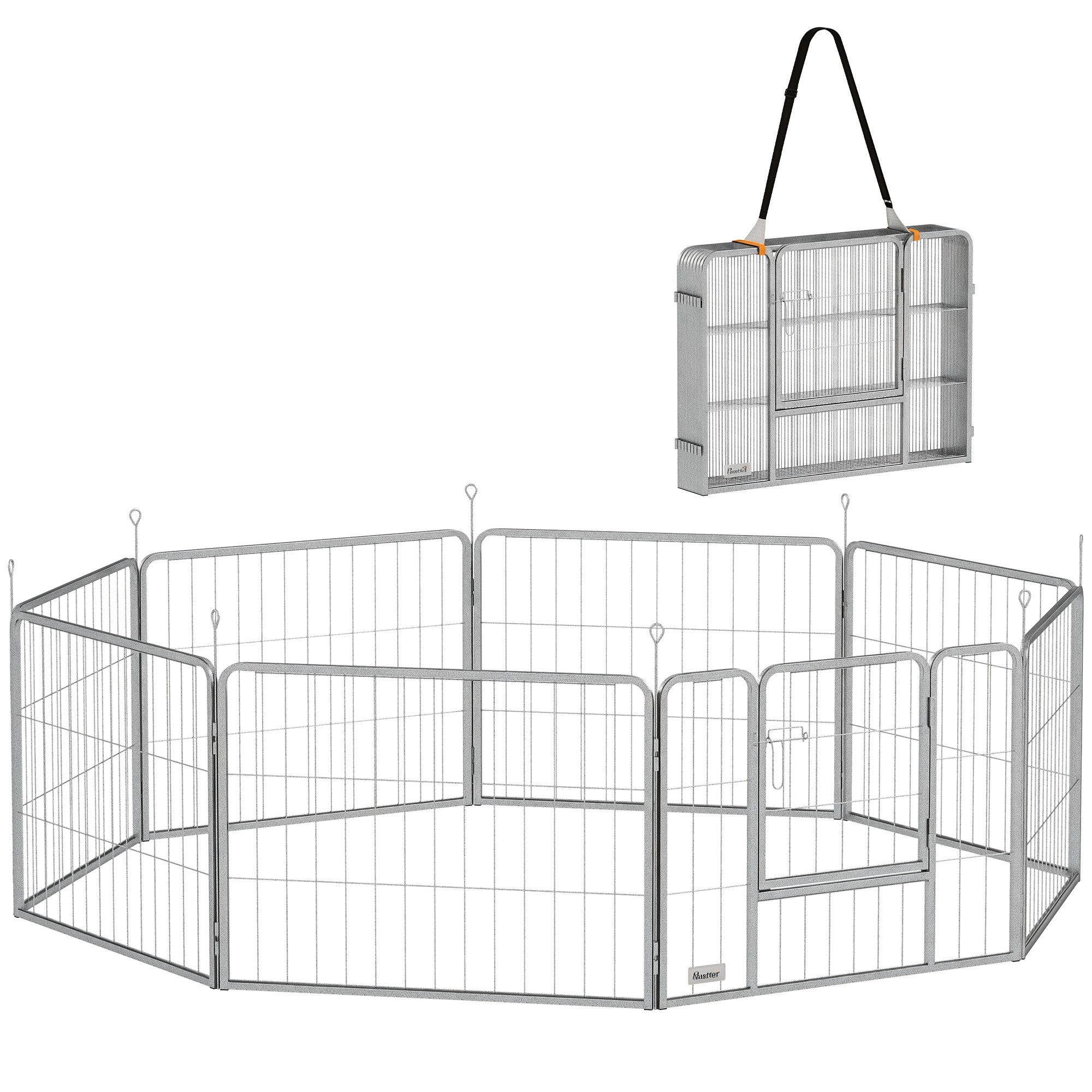 PawHut Freigehege Welpenlaufstall 8-TLG mit 8 Gitterplatten Tür flexibel Laufgitter, Welpenlaufstall mit Gurt und Tür, Stahl, Silber