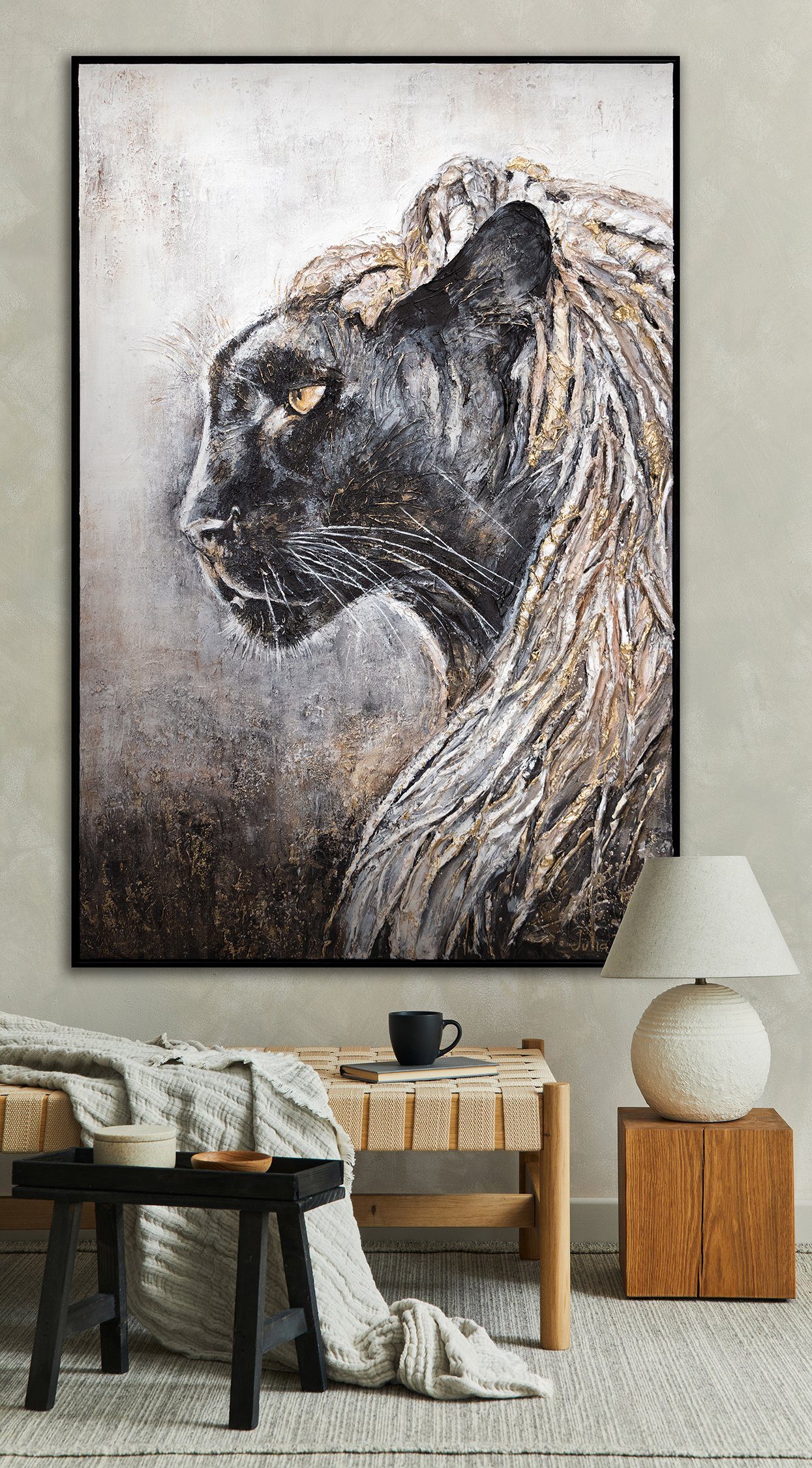 Rahmen Panther Baghira, YS-Art Tiere, mit Leinwand Bild Handgemalt Gemälde schwarzer