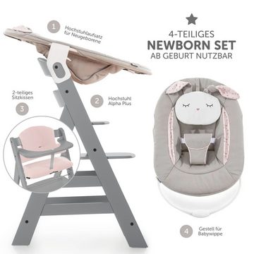Hauck Hochstuhl Alpha Plus Grey - Newborn Set Powder Bunny, Holz Babystuhl ab Geburt inkl. Aufsatz für Neugeborene & Sitzauflage