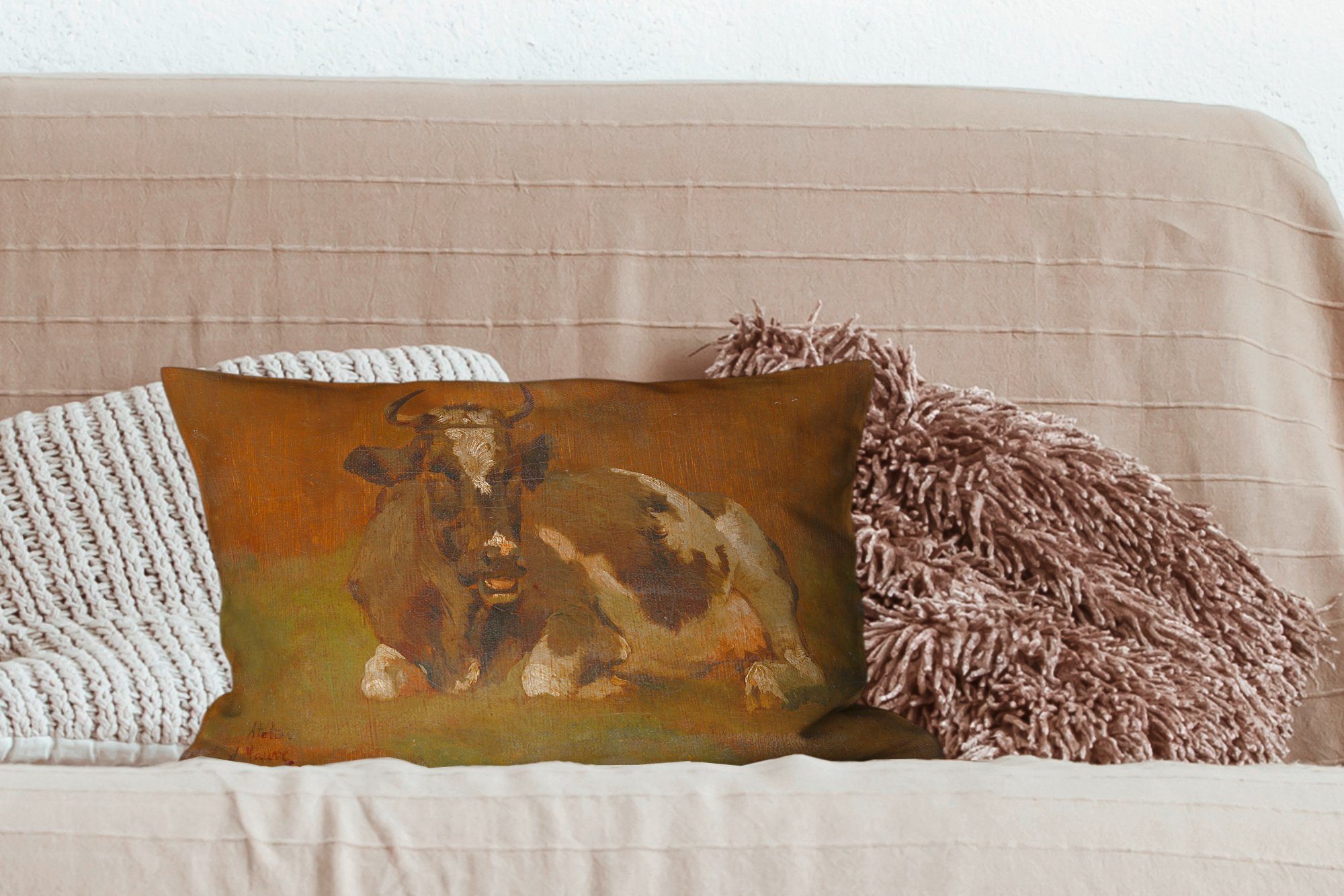 Schlafzimmer Wohzimmer mit Dekoration, Dekokissen liegend Gemälde Zierkissen, MuchoWow Anton Kuh von - Füllung, Mauve, Dekokissen