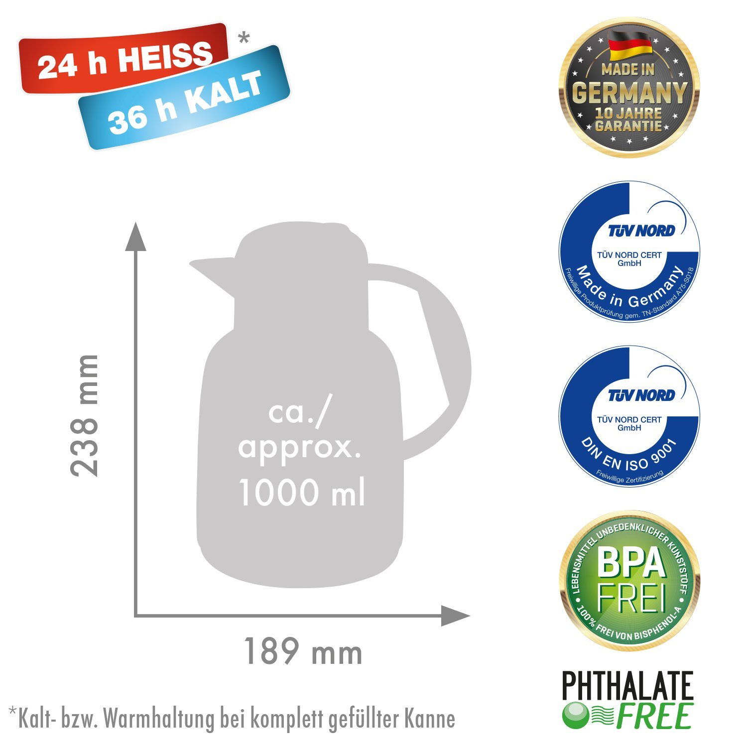BPA 24 36 Glaseinsatz green), l, I 1 Rosalin-Glas Std aus Glaskolben Isolierkanne doppelwandigem I I std I 970 hochwertig white/flip 1,0 (Kaffekanne Frei kalt, ltr. warm ROTPUNKT Teekanne,