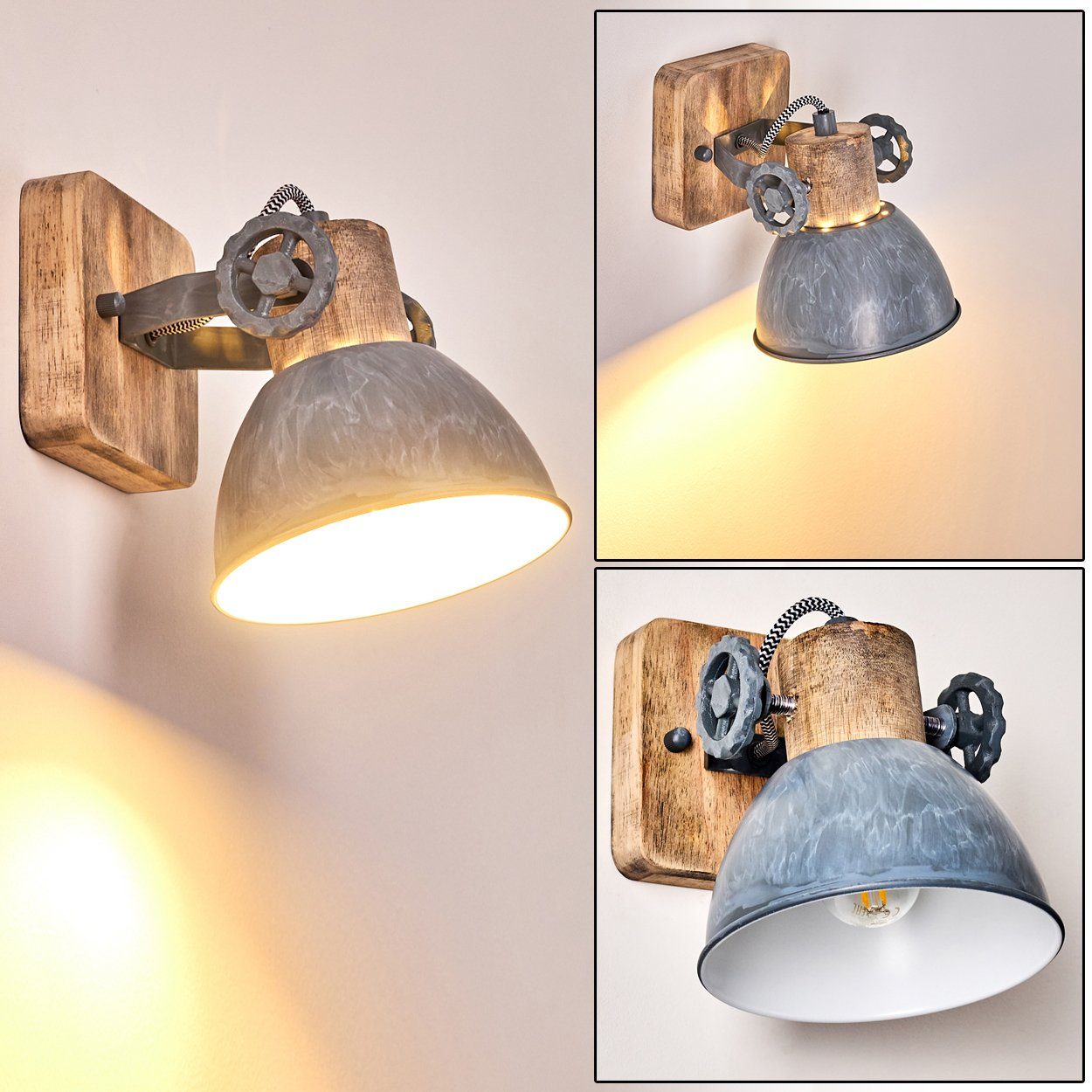 hofstein Wandleuchte »Cotes« Wandspot Metall/Holz im aus Retro/Vintage Leuchtmittel, Grau/Weiß/Braun, in verstellbare Wandlampe 1xE27 Design, ohne