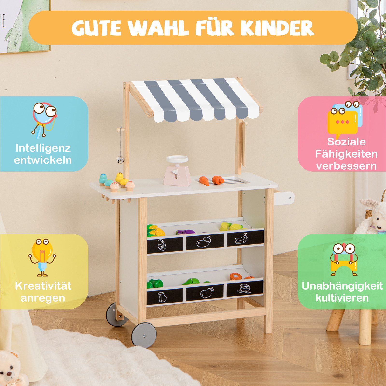 KOMFOTTEU Kaufladen Eiswagen, mit 6 Eiscreme, Einkaufswagen für Kleinkinder mit Tafel