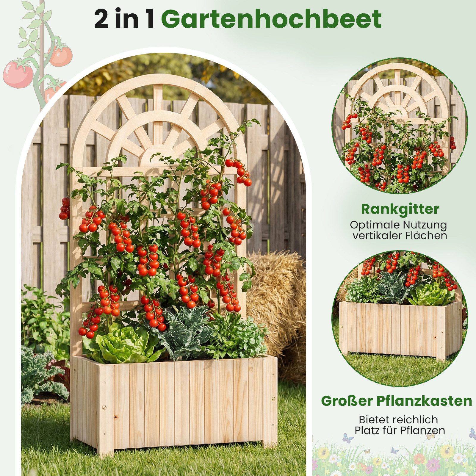 COSTWAY Hochbeet (1 St), Hochbeet mit Rankgitter, für Kletterpflanzen, Sichtschutz