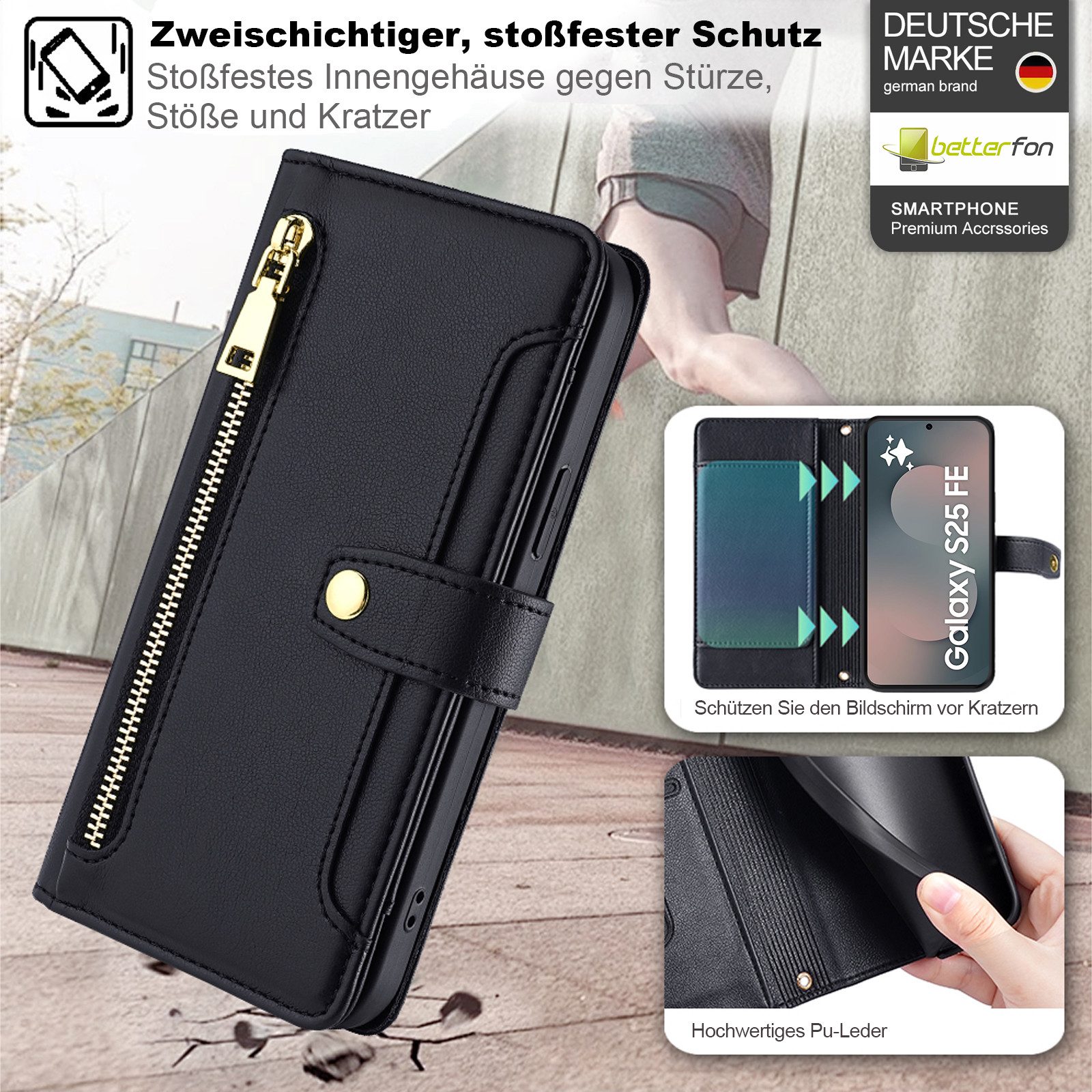 betterfon Handykette für Samsung Galaxy Leder Umhänge Hülle mit Kartenfächer, Hände frei - mit Silikonhülle & Schnur für flexiblen Alltag