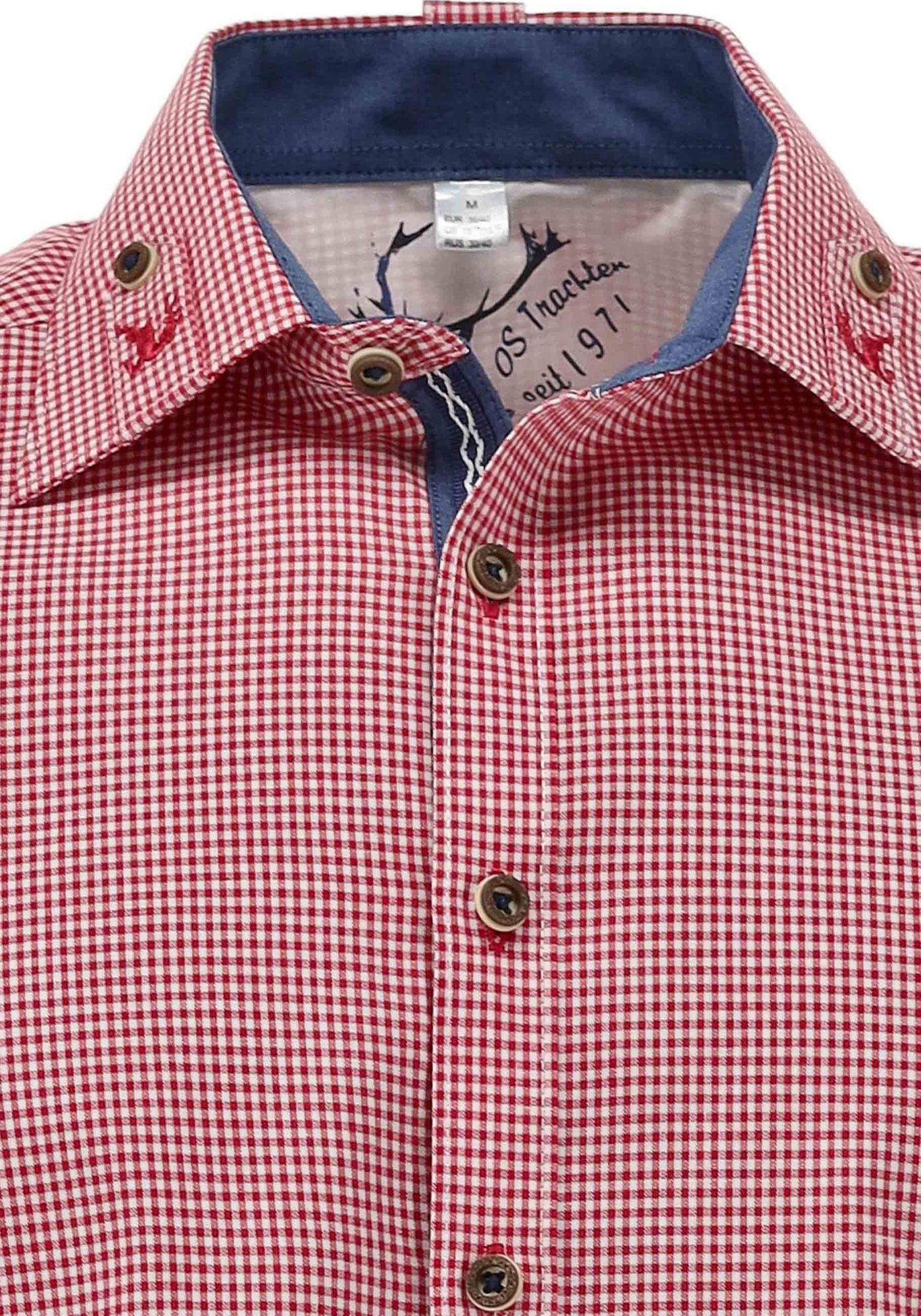 mit Hirsch-Stickerei OS-Trachten Langarmhemd Trachtenhemd auf Frusla dem hochrot Kragenriegel