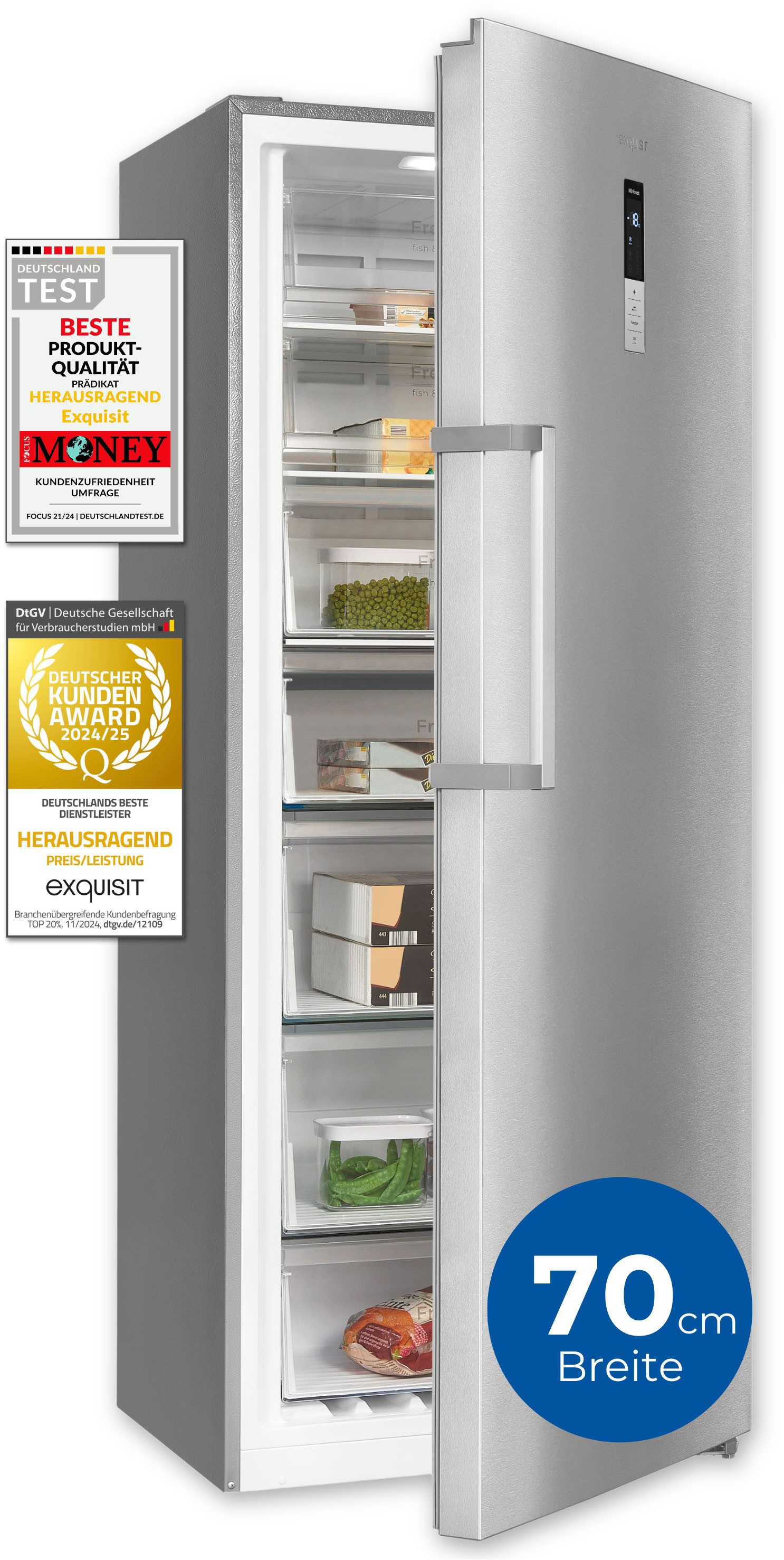 exquisit Gefrierschrank NoFrost GS380-NF-H-050E inoxlook, 185,5 cm hoch, 71 cm breit, 380 L Gefrierschrank: No-Frost, 4-Sterne & flexibel mit LED-Licht – Bild 2 von 5