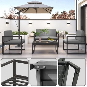 Mucola Gartenlounge-Set Sitzgruppe Aluminium Gartenset wetterfest Essgruppe Grau Lounge, (Set, 4-tlg., Möbelset bestehend aus 2er Sitzer Sofa, 2 Sessel und Beistelltisch), wasserabweisende Kissen mit Bändern zum Befestigen am Sessel