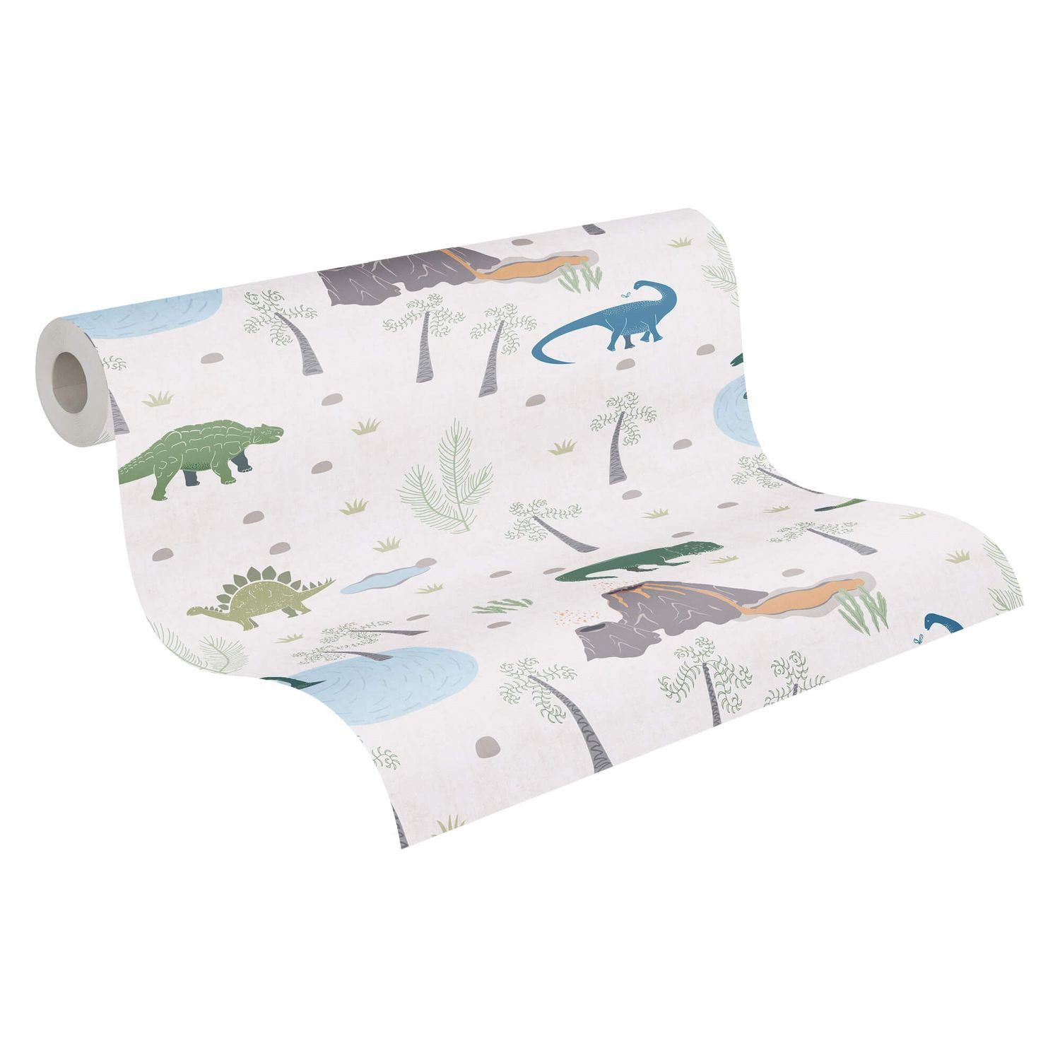 Profhome Kindertapete 771401-GU Kinderzimmer Tapete Dinosaurier matt creme grün blau, glatt, (1 Rolle, 5,33 qm), Vliestapete, bunt
