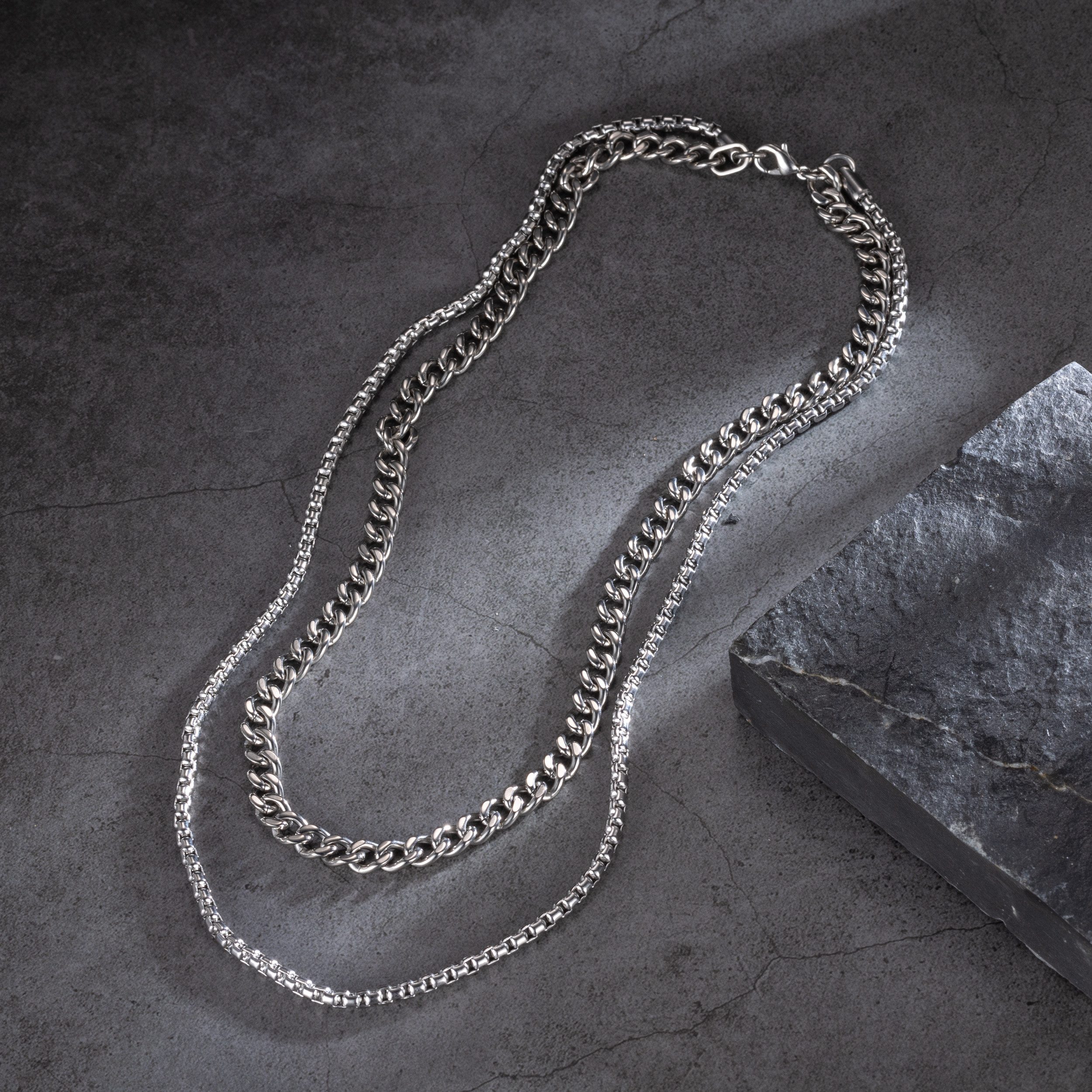 Kingka Edelstahlkette Herren Gliederkette, Doppelkette, silberfarben, Herren Schmuck, perfekte Geschenkidee zu Geburtstag, Weihnachten – Bild 2 von 5