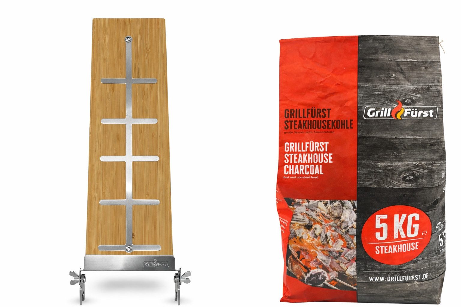 Grillfürst Grillplatte Flammlachsbrett u. Steakhouse Grillkohle 5kg (1x Flammbrett, 1x Grillkohle), Temperaturen bis zu 850 °C, Über 4 Stunden konstante Brenndauer