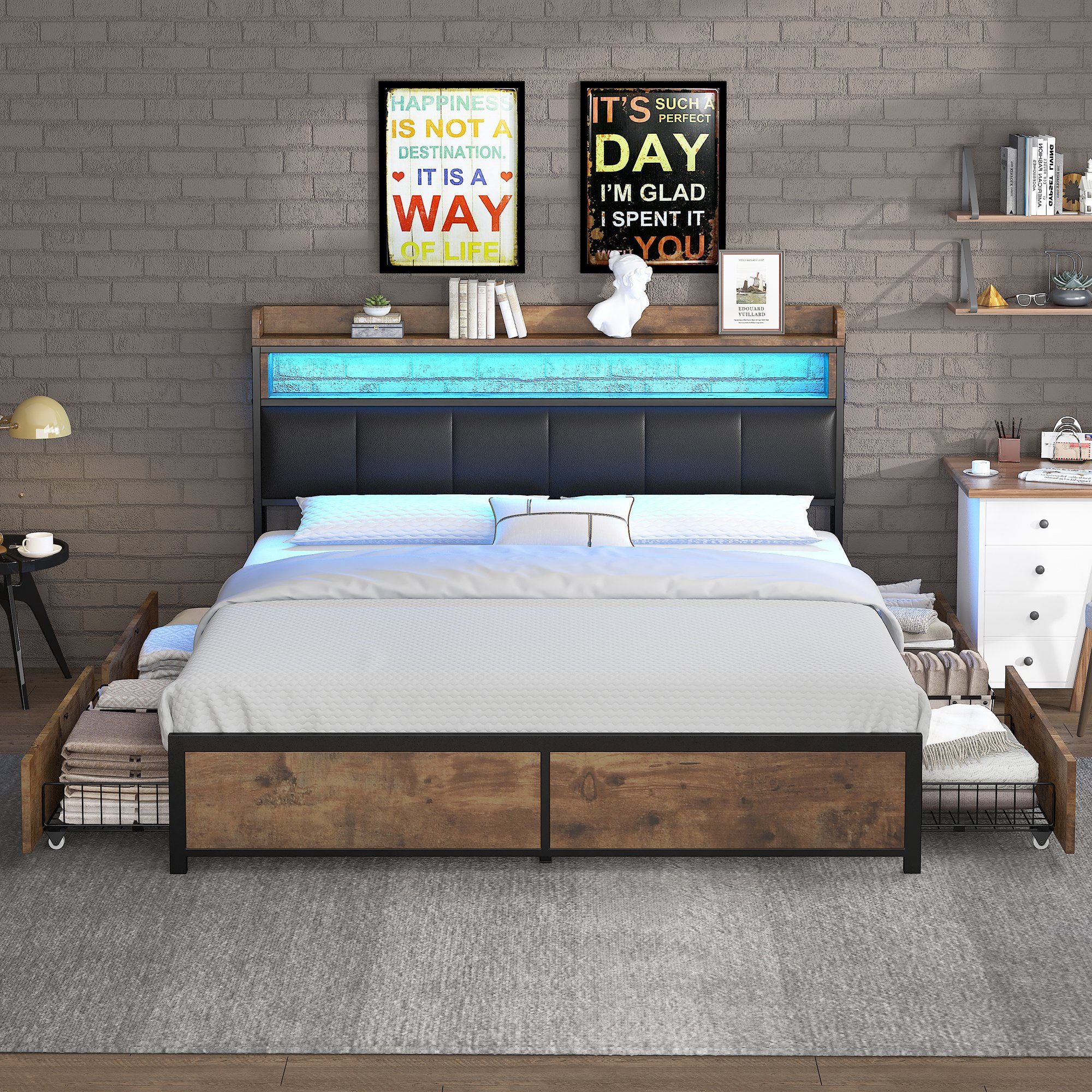 Flieks Holzbett, LED Beleuchtung Doppelbett 4 günstig online kaufen