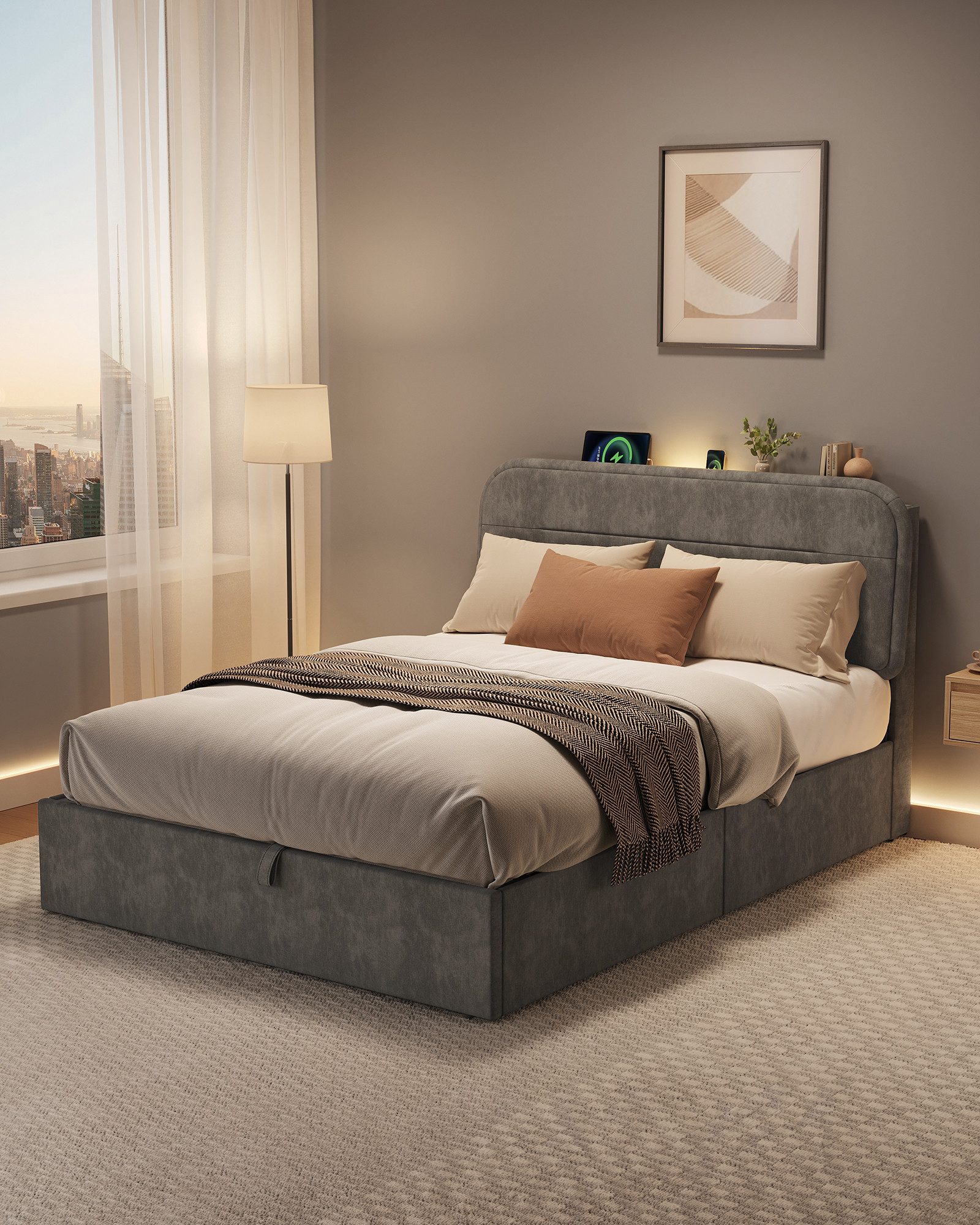 VASAGLE Polsterbett (140 x 190 cm), Hydraulisches Stauraumbett, LED, Ladest günstig online kaufen