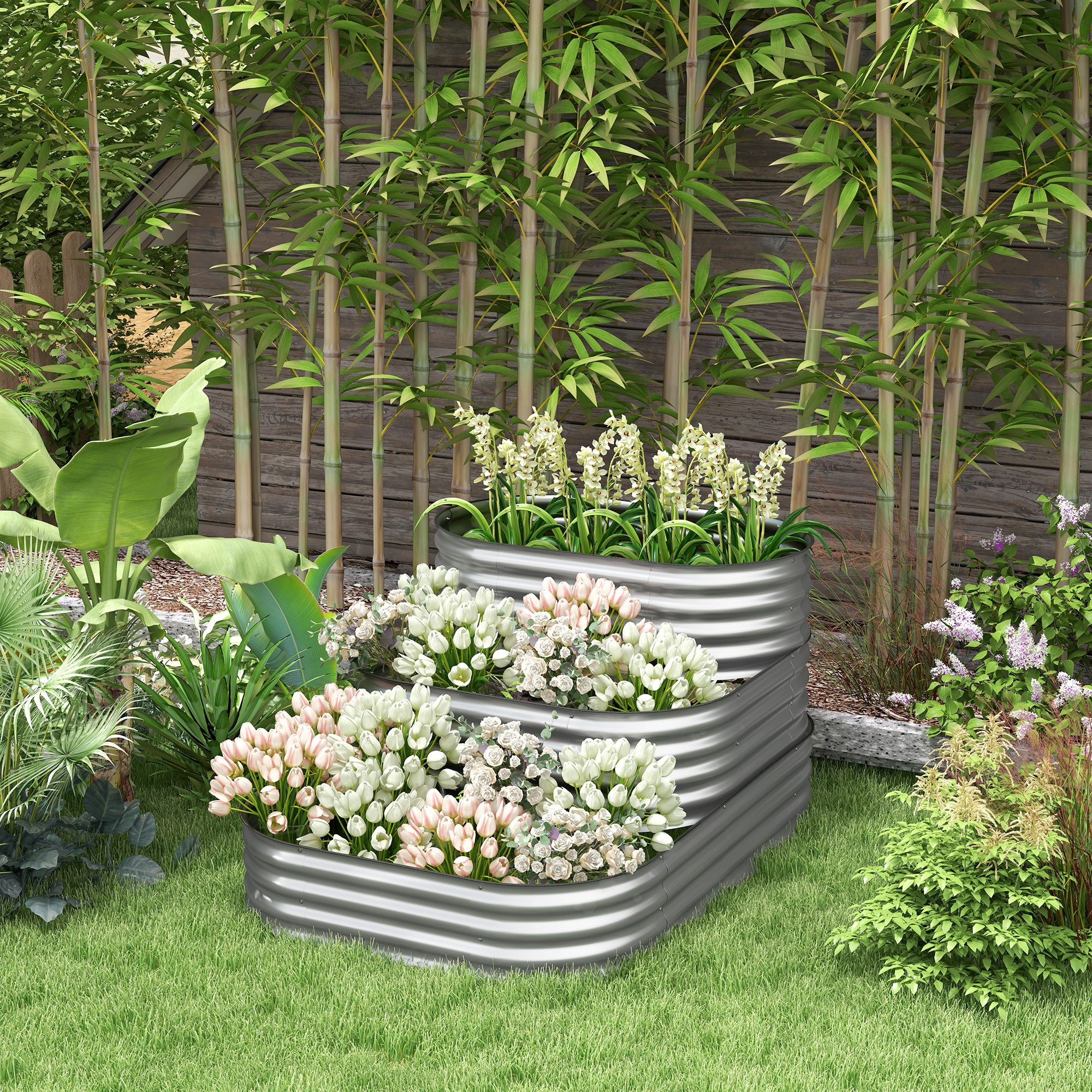 Outsunny Hochbeet 3-stufiger Pflanzkasten, DIY Blumenkasten (Gemüsebeet, 1 St., Kräuterbeet), für Garten, Balkon, Silber, 158 x 109 x 82 cm