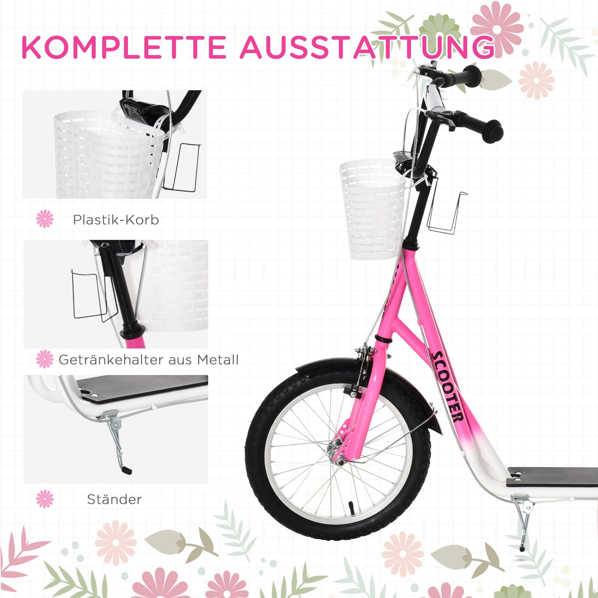 HOMCOM Cityroller Kickscooter inkl. Korb, höhenverstellbar, für Kinder 5-12 Jahren, 1 km/h, (Roller, 1 tlg., Kickscooter), für 5-12 Kinder, Rosa+Schwarz