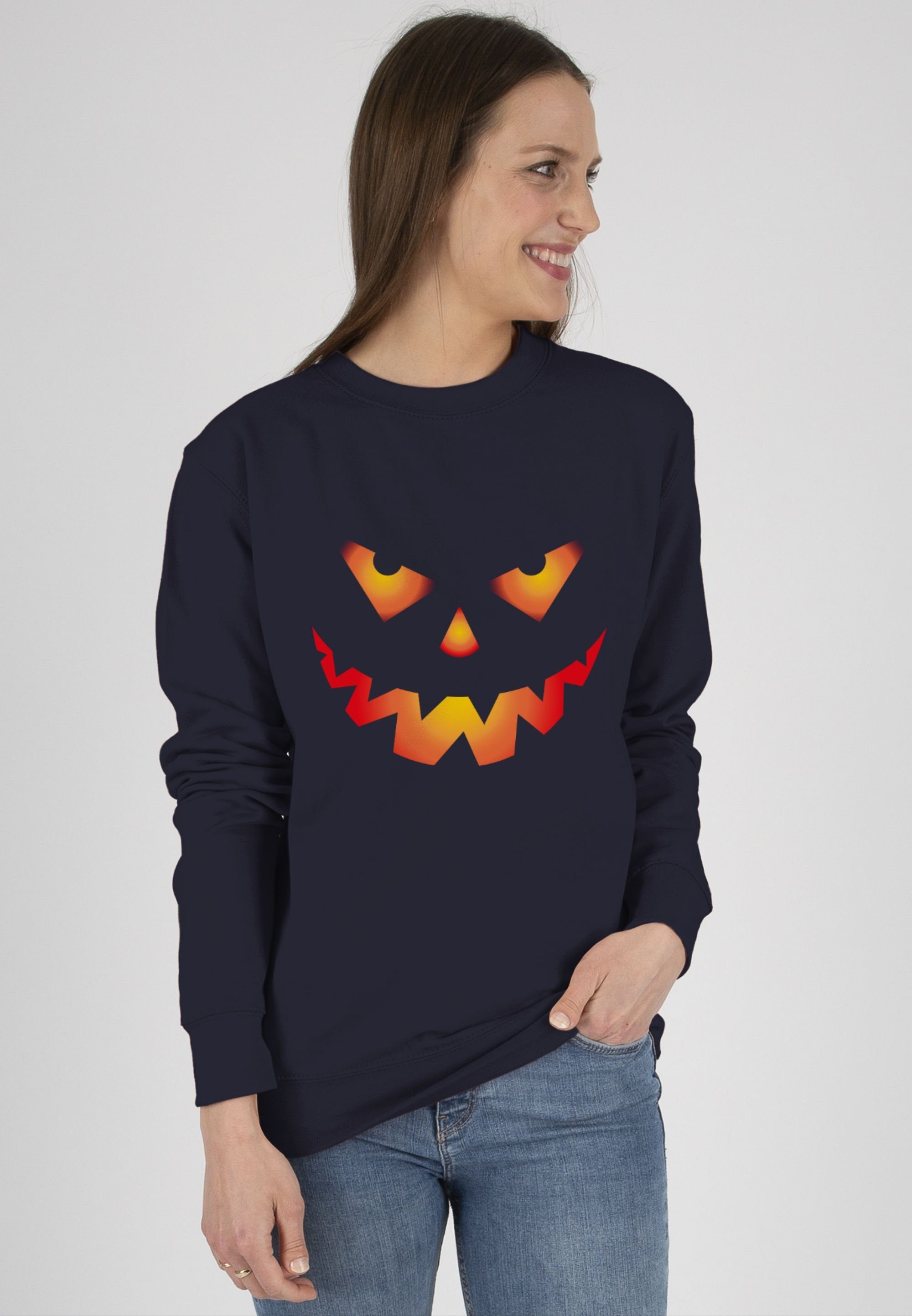 Damen Halloween Gesicht Böse Kostüme Gruseliger Kürbis Halloween Kürbisgesicht 3 Shirtracer (1-tlg) Dunkelblau Sweatshirt Gruselig