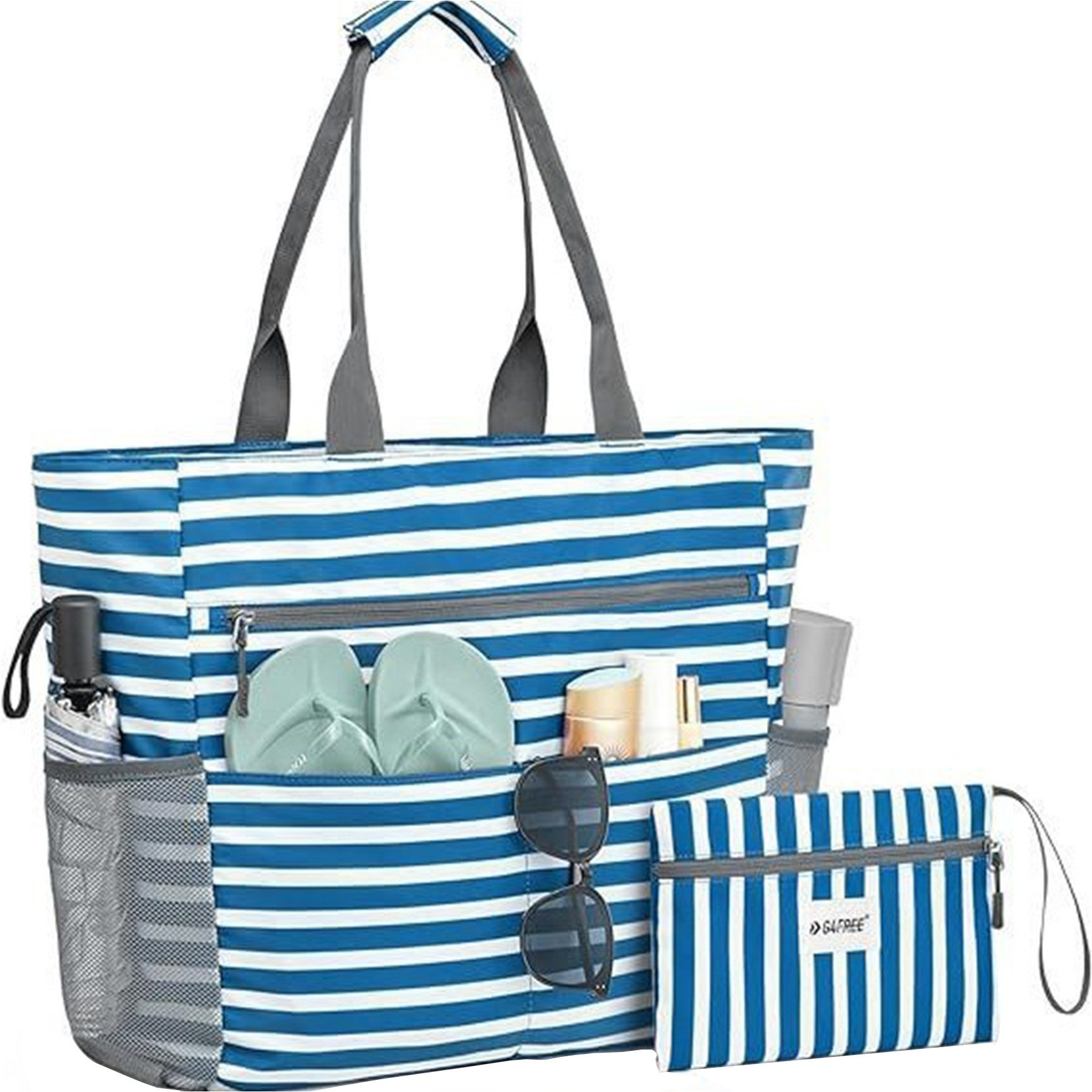 Mutig Strandtasche Große Strandtasche XXL mit Reißverschluss (wasserdichte & faltbare Badetasche, Shopper / Reisetasche / Beach Tote Bag mit mehreren Taschen), für Damen, Strand, Pool, Urlaub, Fitnessstudio & Familie