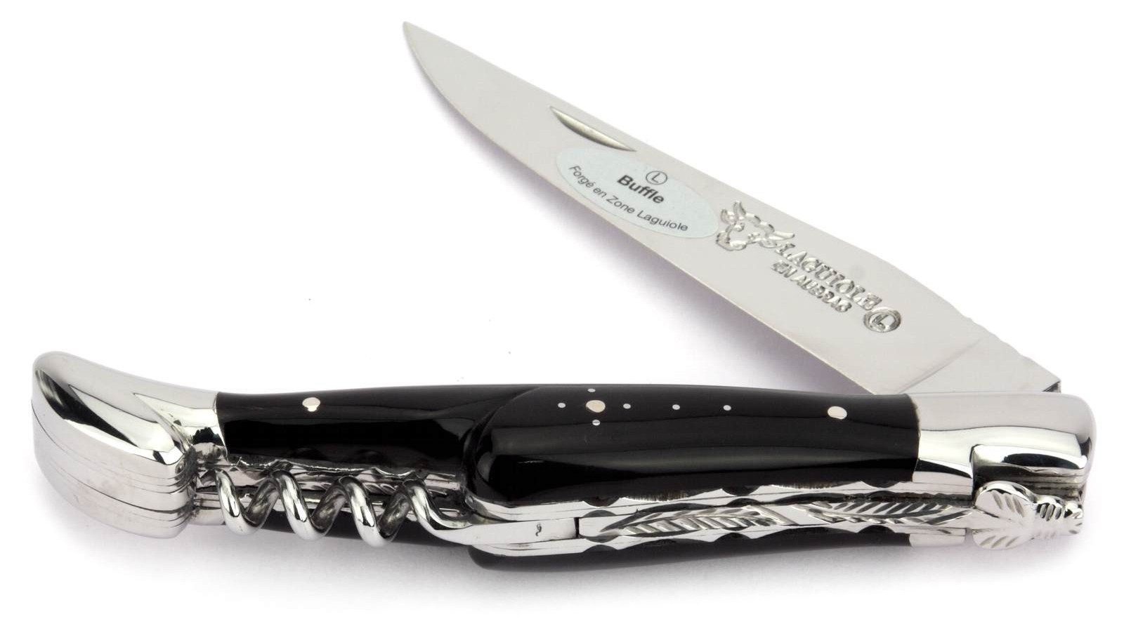 Laguiole en Aubrac Taschenmesser L0812BUIF, Griff 12cm Büffelhorn - Doppelplatine - Korkenzieher - Stahl glänzend