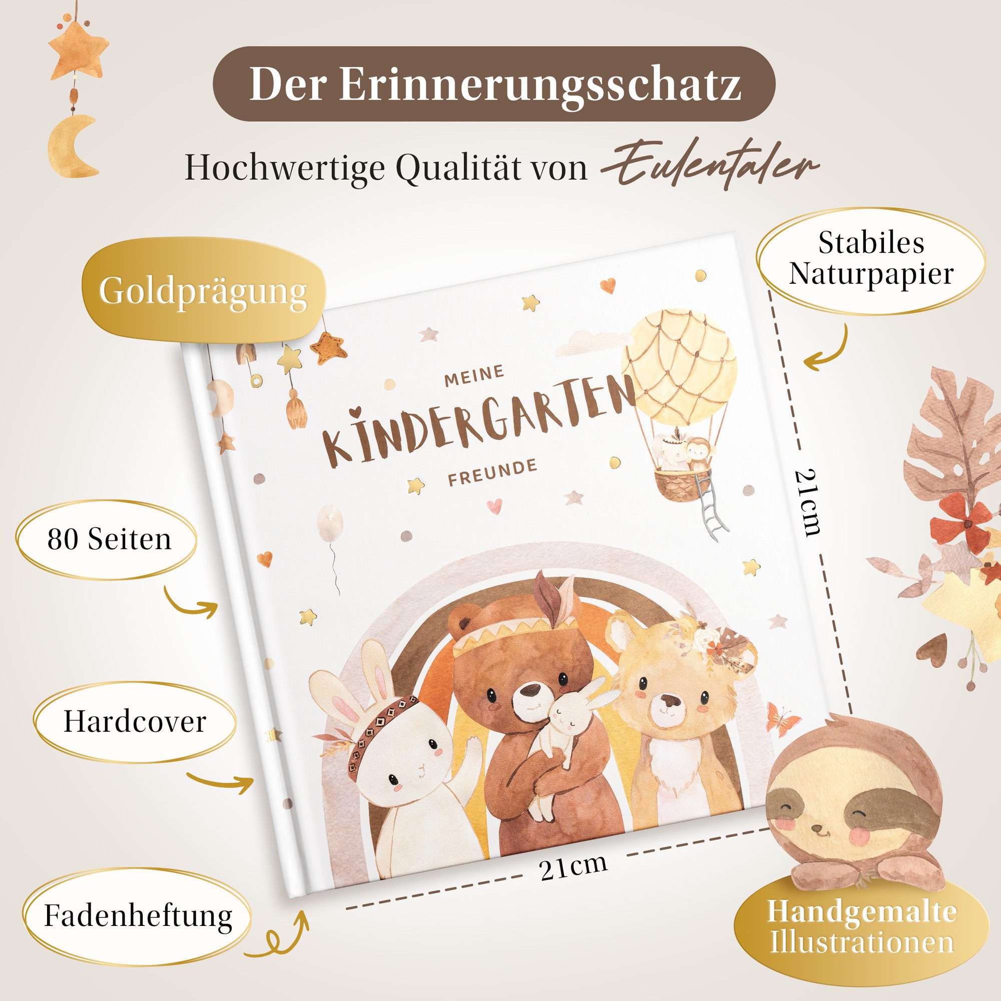 Eulentaler Freundebuch Kindergarten Tierwelt I Von Erzieherinnen gestaltet I, Handgemalte Tiere im Boho-Look I Kinderfreundliche Gestaltung