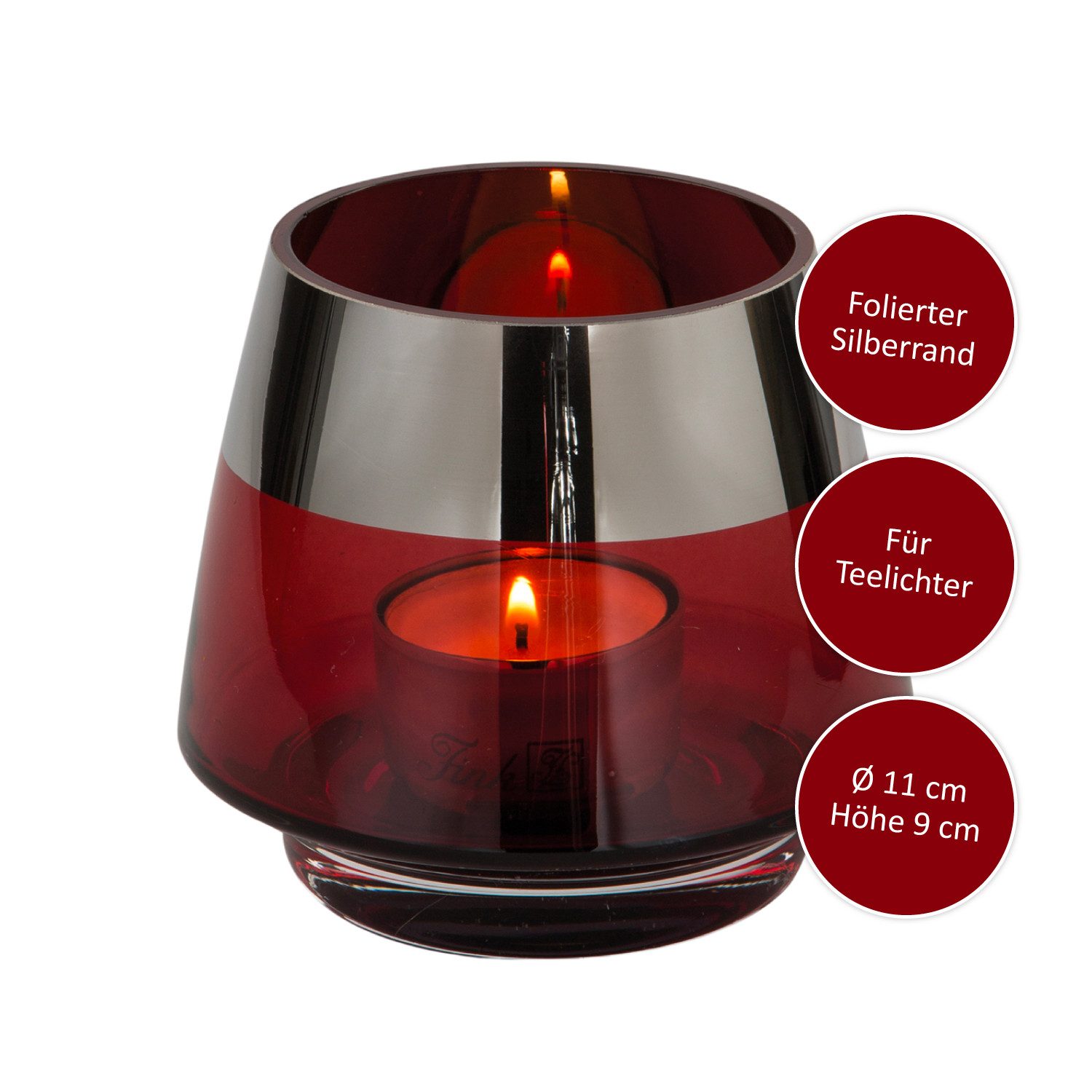 Teelichthalter JONA Teelichthalter - H.13cm x D.15cm - rot /silberfarben - Glas