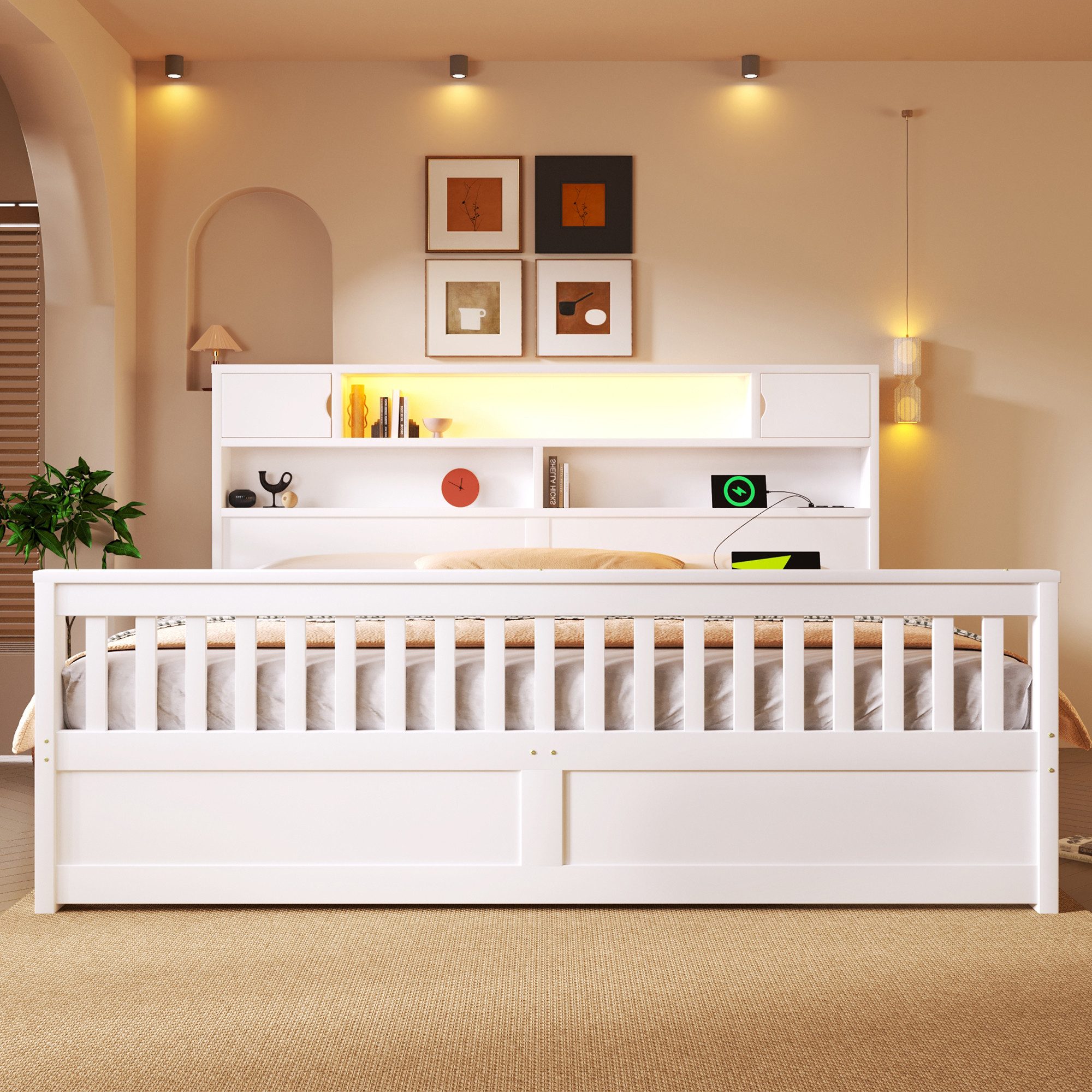 Merax Massivholzbett mit LED-Kopfteil & USB-Anschluss (Plattformbett Bettgestell Doppelbett aus Holz, 1-tlg), 180x200cm mit 4 Schubladen, Stauraumregalen, Bücherregal & Ablagen
