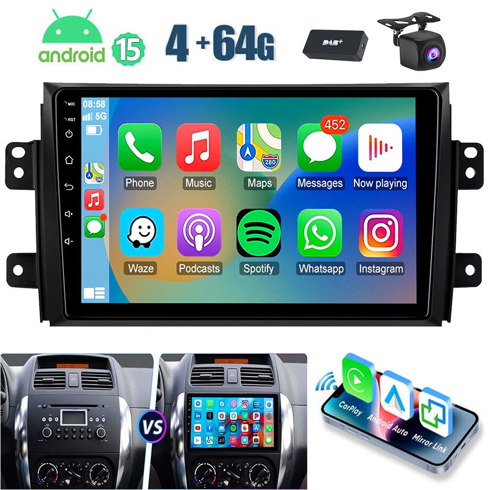 ESSGOO 9'' Autoradio Android 15 für Suzuki SX4 2006–13 CarPlay GPS Navi WIFI Autoradio (RDS, 4+64GB(optional), FM, AM, DAB+ (optional), Android Auto Apple Carplay,Bluetooth,USB,WIFI)